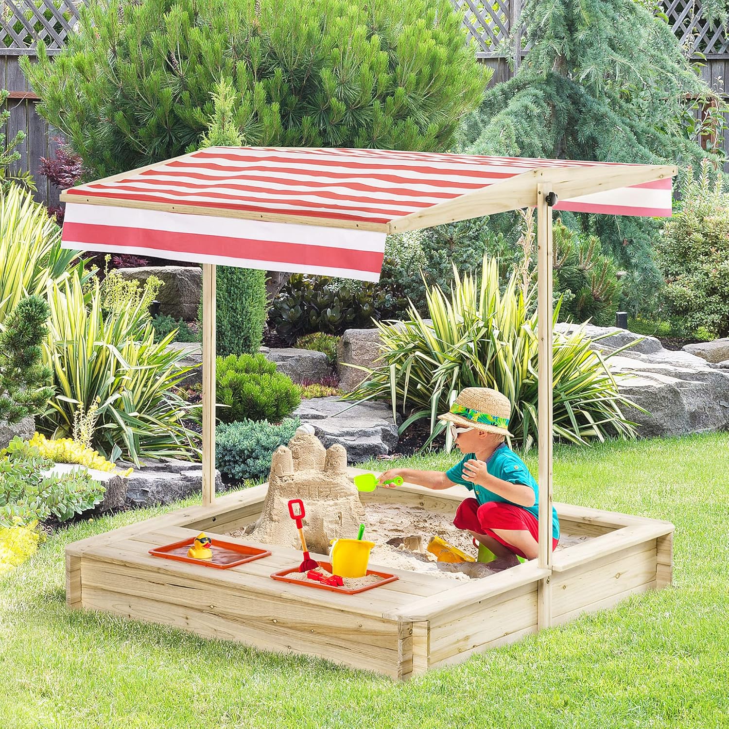 Kids Wooden Sandbox with Adjustable Canopy - Covered Outdoor Sand Playset for Children Aged 3-8, Perfect for Backyard and Beach Fun