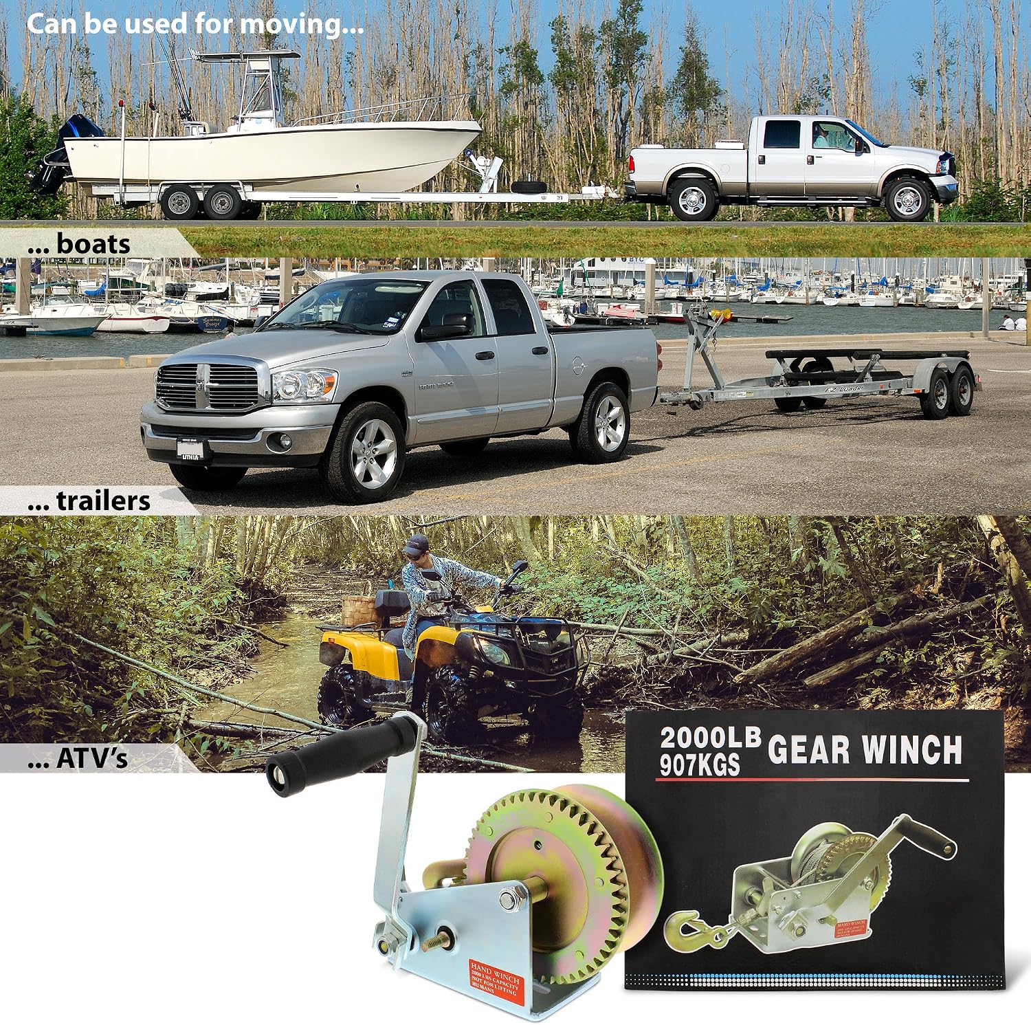 ABN 1 Ton Hand Winch Crank Gear Winch & Cable, Heavy Duty, up to 2000lbs for Trailer, Boat or ATV