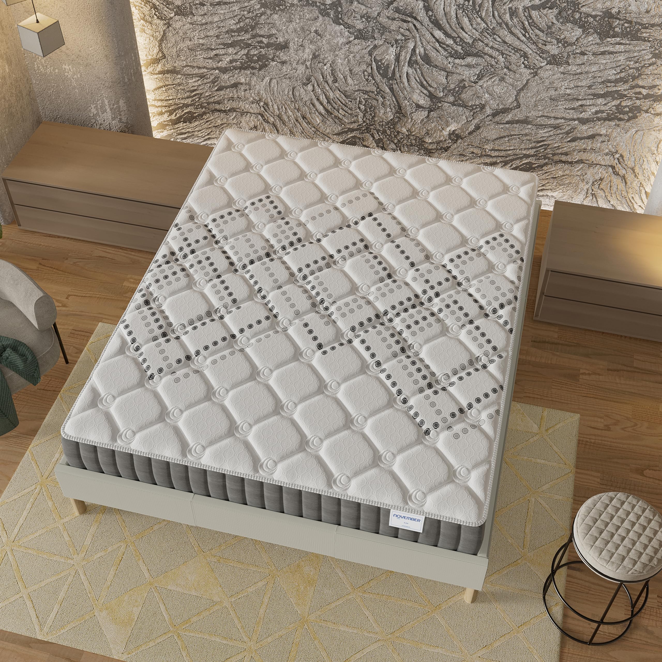 NOVEMBER- Ensemble Matelas + sommier (120 x 190cm)- Matelas Eliha Ressorts ensachés & Mousse Haute Densité d’épaisseur 20cm + Sommier Bois Stable & Robuste revêtement Tissu Blanc