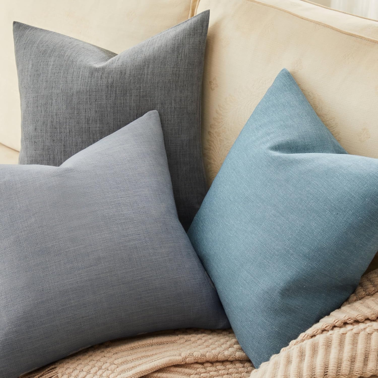 ZeeMart Rustic Cotton Linen Throw Pillow Covers Set of 2, 24x24 Inch Blue Ashes, Farmhouse Style Decorative Couch Pillow Cases Cushion Covers for Sofa Bed Living Room Home Decor