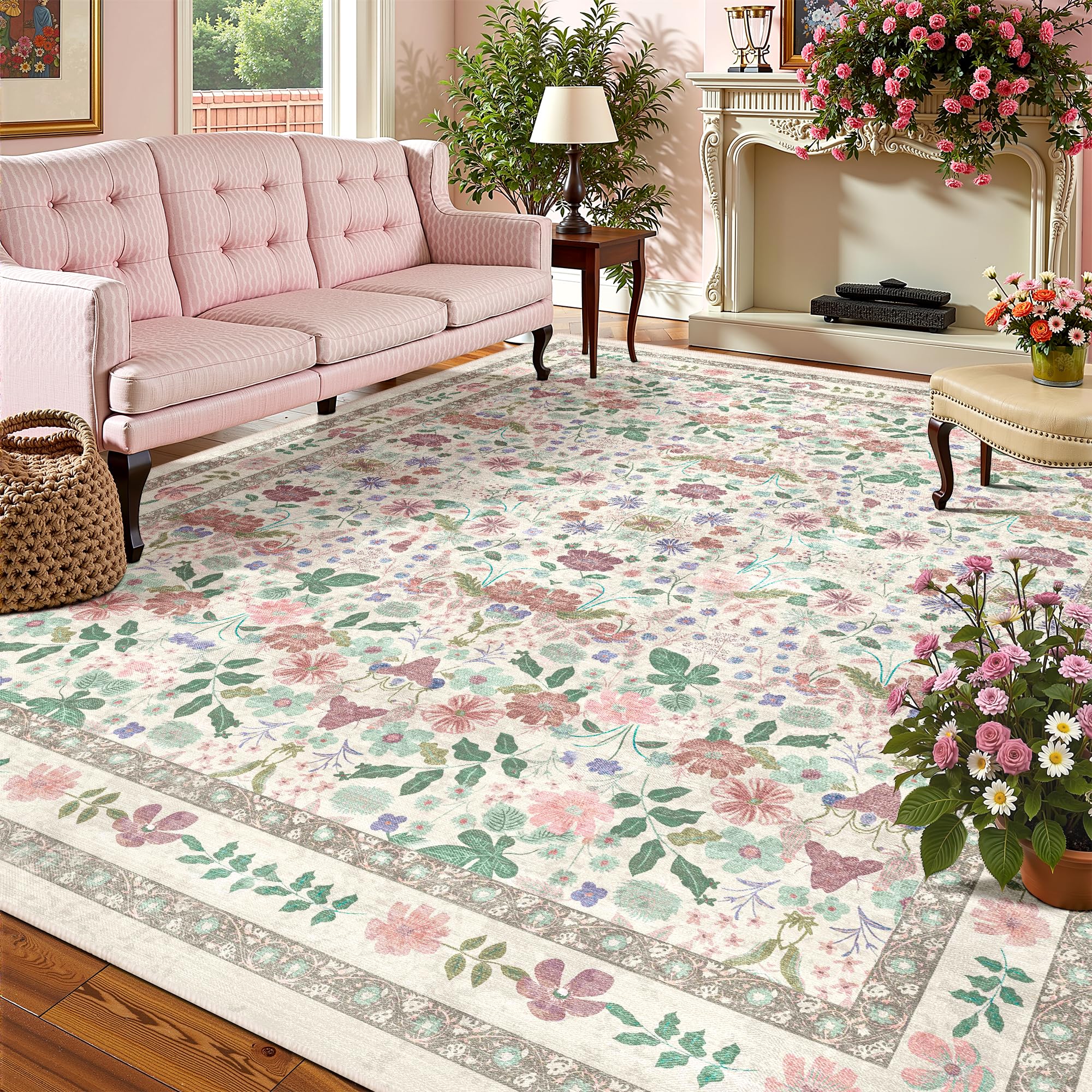 Deerly Floral Washable Rugs 8x10 Large Vintage Living Room Carpet Boho Non-Slip Soft Low Pile Thin Bedroom Floor Mat Indoor for Dining Room Playroom