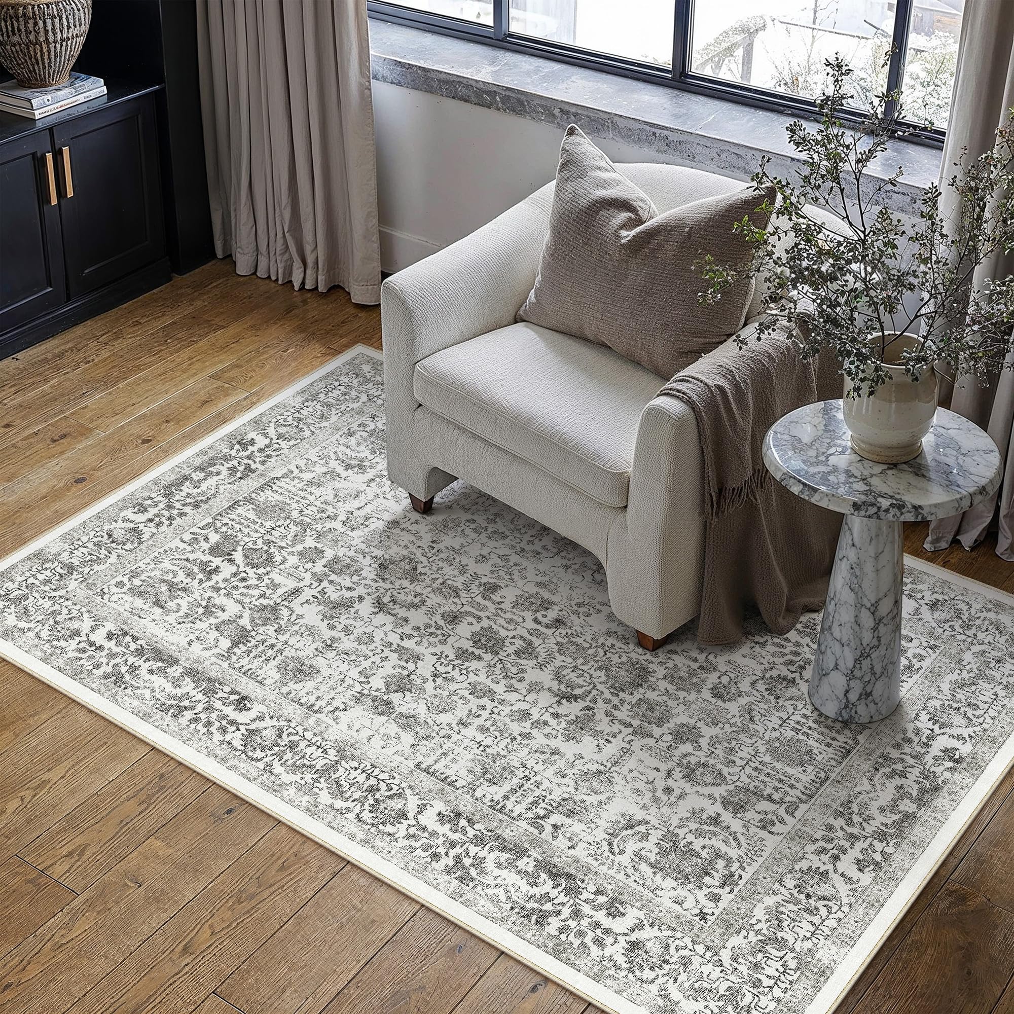 Photo 1 of PureCozy Black Area Rug 3x4 Office Entryway Rug Machine Washable Kitchen Vintage Distressed Non Slip Carpet Indoor Retro Floral Accent Throw Door Mat for Bathroom Bedroom Dining Living Room