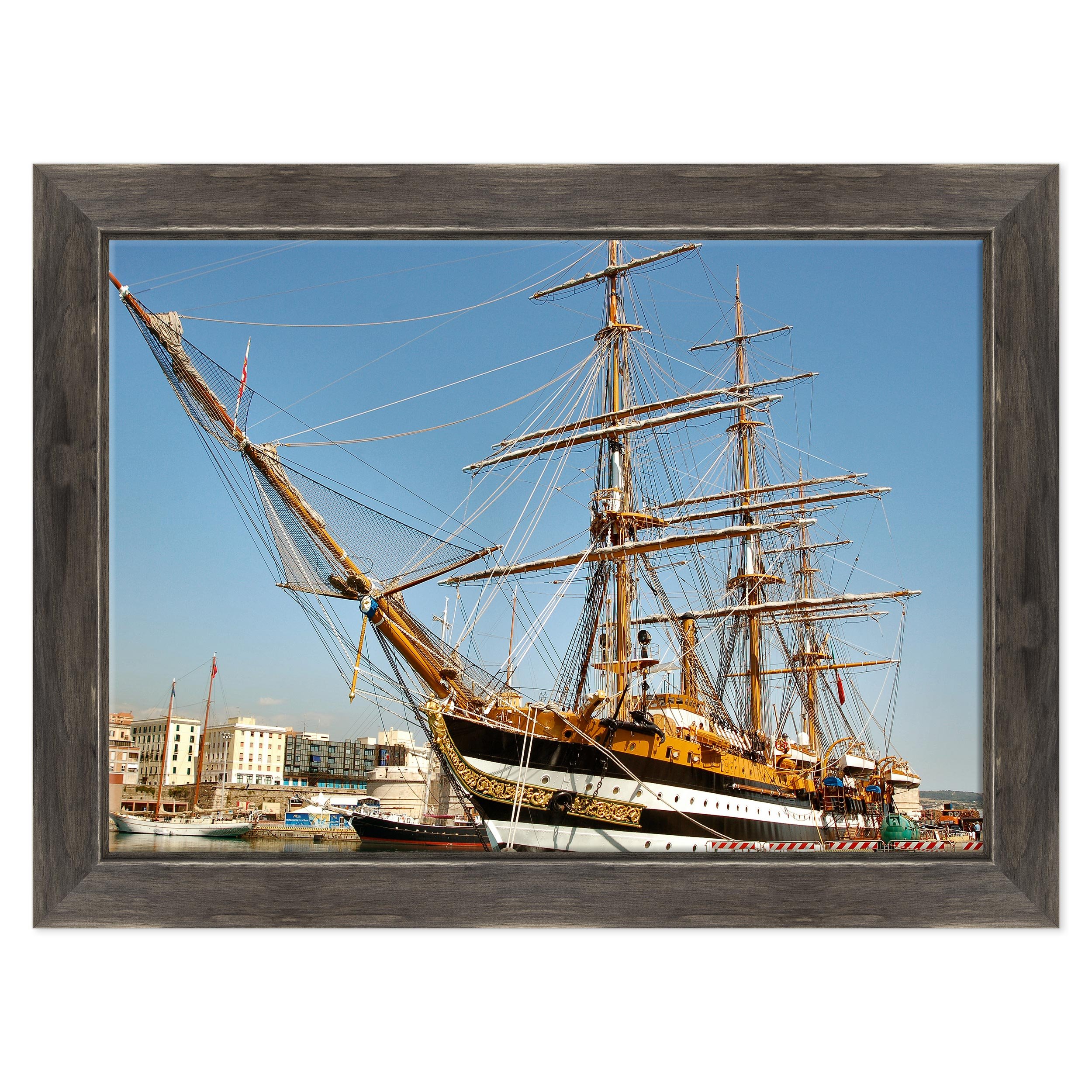 Quadro su Tela Canvas INTELAIATO - con Cornice - Barca a Vela Amerigo Vespucci - 70x100cm - Stile Country Nero Shabby - (cod.1337)