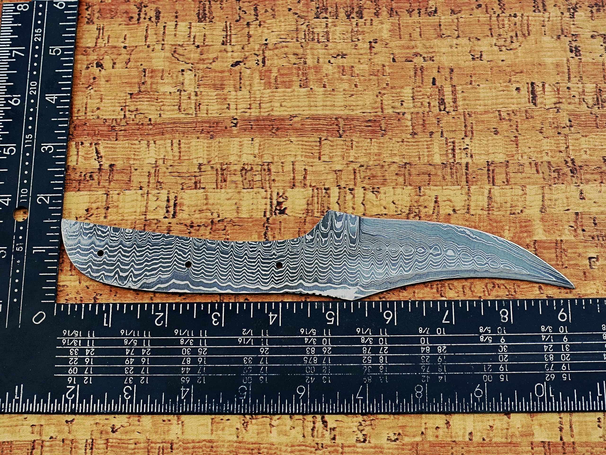 Laddert pattern Damascus steel Trailing point blank blade, knife making supplies, 4.5 inches long straight back scale with 3 pin holes, 3.75 inches cutting edge