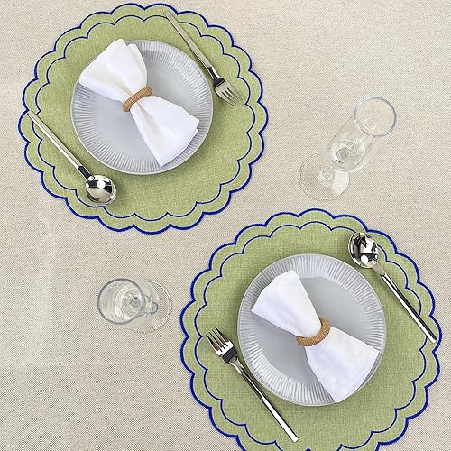 Miniatura 6 de Juego de 4 manteles individuales de lino de algodón con bordado de flores festoneadas de 15 pulgadas, tela con textura de lino natural, lavables a