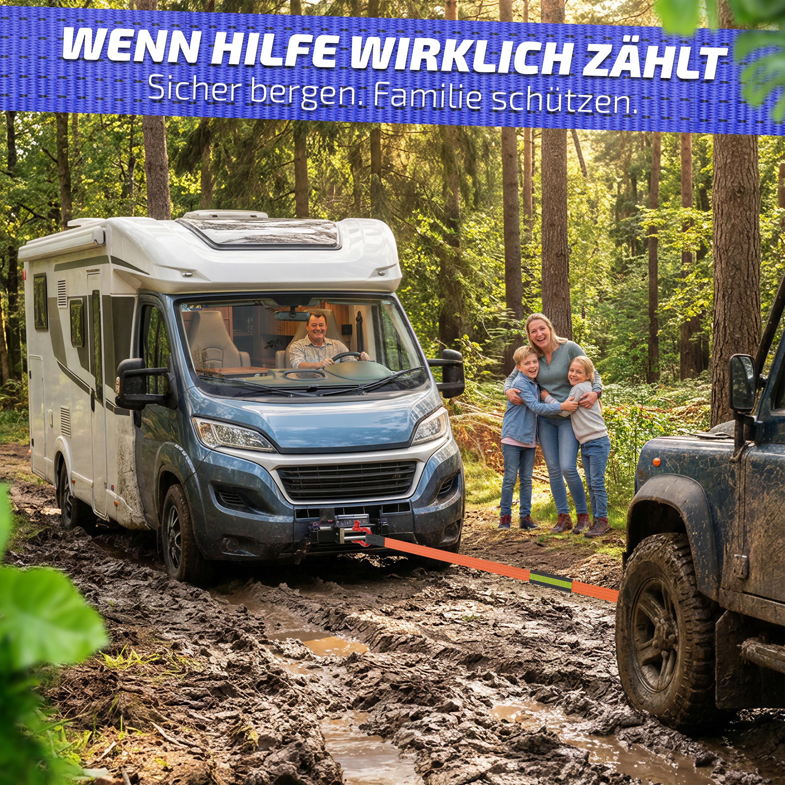 Kiwan Pro Fune di traino WLL 10 t, massima sicurezza invece di carichi di rottura, carico di rottura 38 t, portata testata, grilletto XXL, 5 m x 7,5 cm, cinghia di recupero fuoristrada per auto, SUV
