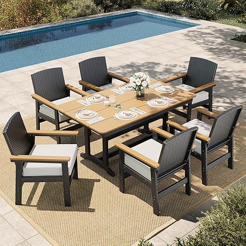 Miniatura 9 de HERA'S HOUSE Juego de mesa y sillas de patio de 7 piezas, juego de muebles de comedor de polietileno de alta densidad para exteriores con cojines,