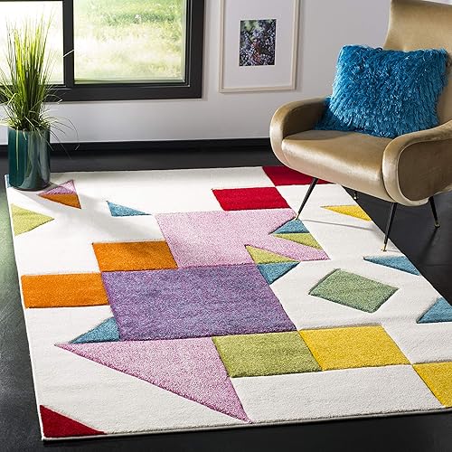 Miniatura 5 de SAFAVIEH Hollywood Collection - Alfombra de área de 8 x 10 pies, color marfil y rosa, diseño moderno de mediados de siglo, no desprende pelusa y de