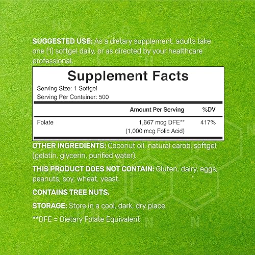 Miniatura 2 de DEAL SUPPLEMENT Ácido fólico 1000 mcg (1 mg), 500 cápsulas blandas de aceite de coco | Vitaminas prenatales biodisponibles (vitamina B9) – 1,667 mcg