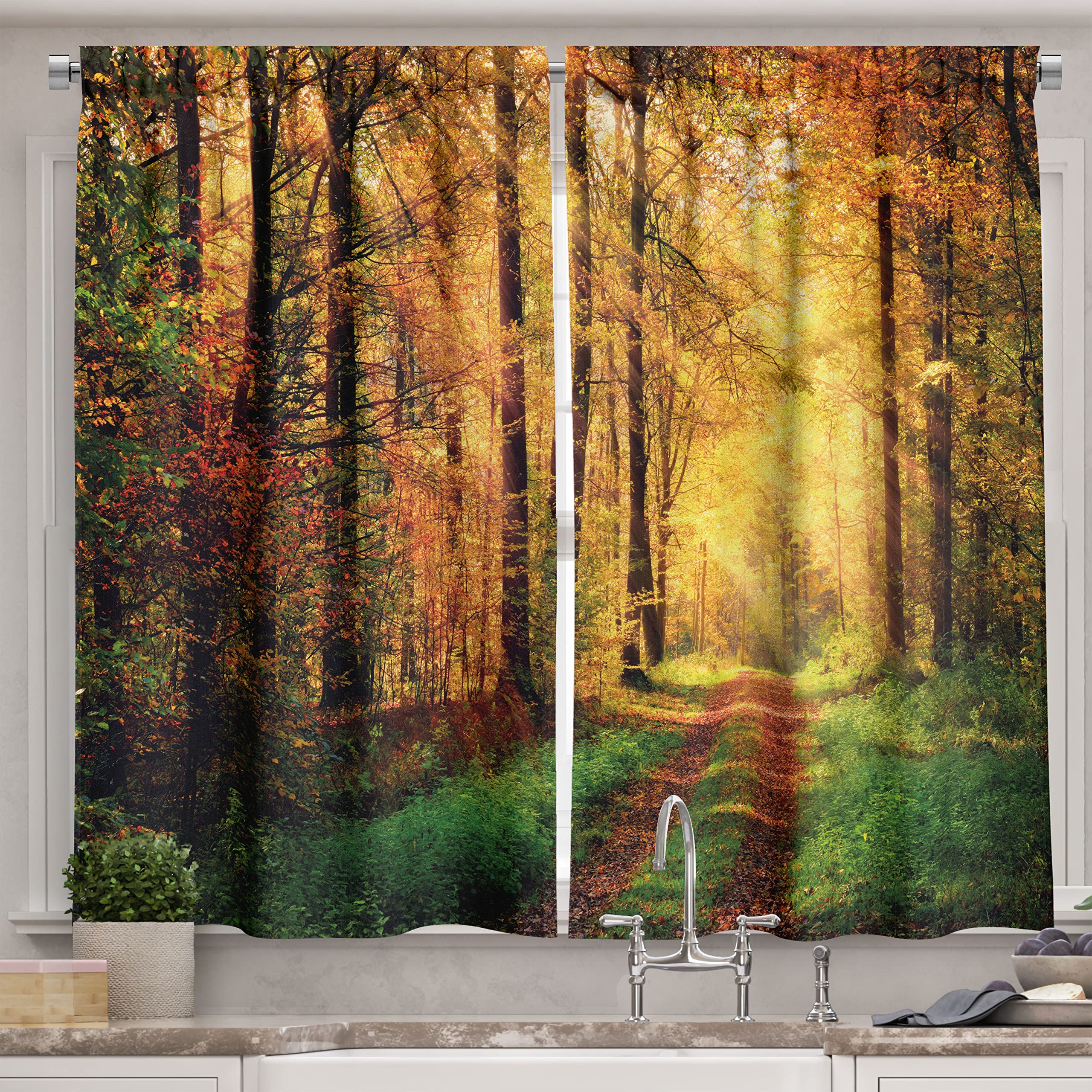 Ambesonne Modern Kitchen Curtains, Autumn Forest Scenery with Rays of Warm Sun on Shady Trees Woods Warm Feelings Art, Window Drapes 2 Panel Set for