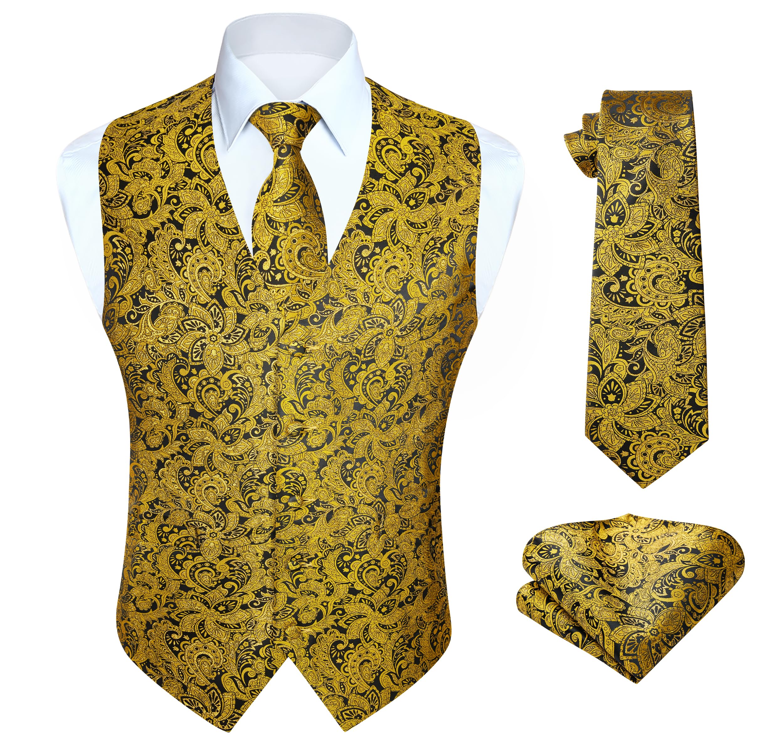 HISDERN Vest and Tie Sets for Men Vests Paisley Floral Jacquard Necktie Pocket Square 3PCS Waistcoat for Suit or Tuxedo