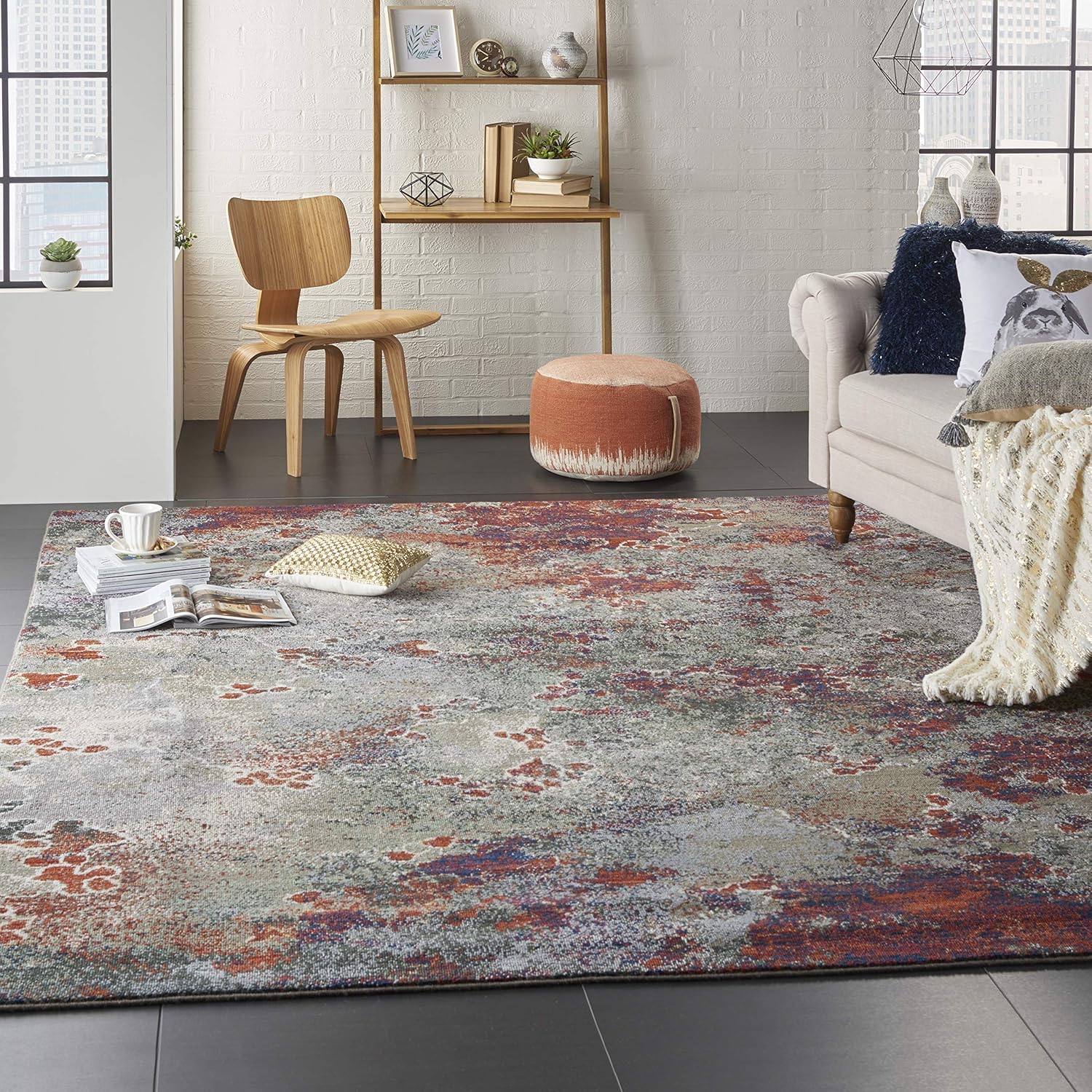 Seafoam and Brick Abstract Wool Blend Area Rug, 9' x 12'