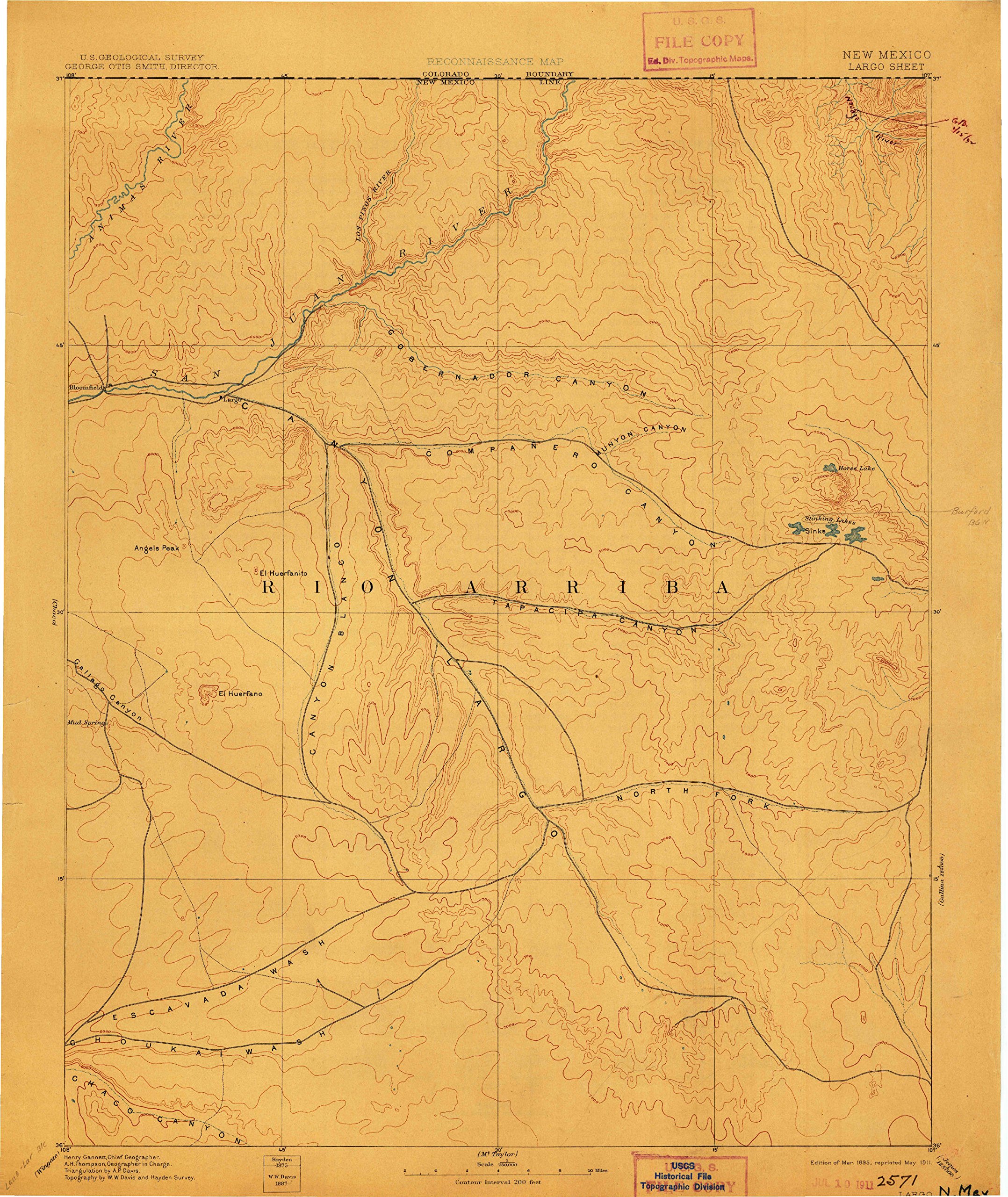 YellowMaps Largo NM topo map, 1:250000 Scale, 1 X 1 Degree, Historical, 1895, Updated 1911, 19.6 x 16.5 in - Polypropylene