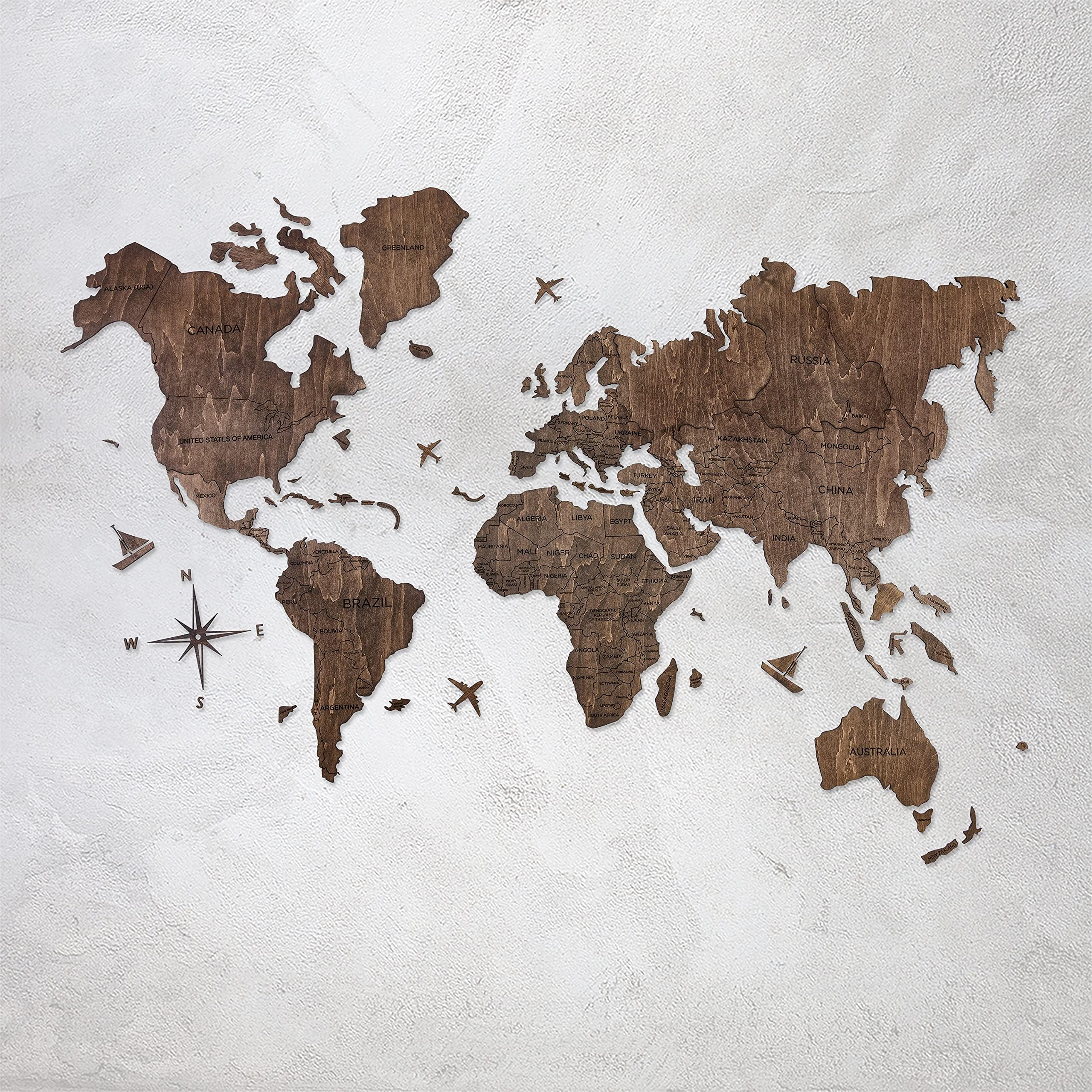 "AWESOMETIK" 2D Wood World Map Wall Art Decor - With Our Masterpiece Track Your World Travels - Special For Home, Kitchen And Office. Gift Boxed (L Basic, Walnut)