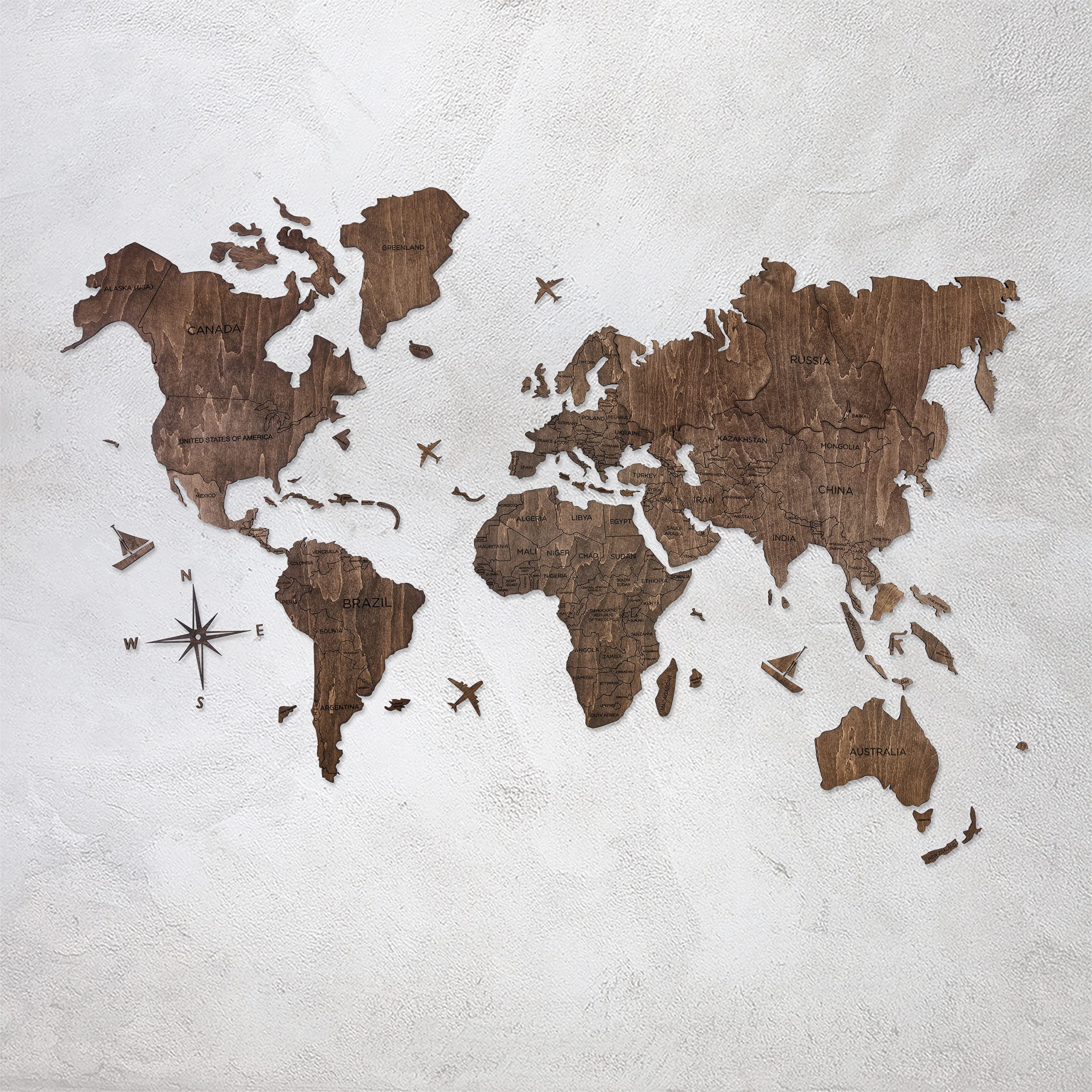 "AWESOMETIK" 2D Wood World Map Wall Art Decor - With Our Masterpiece Track Your World Travels - Special For Home, Kitchen And Office. Gift Boxed (L Basic, Walnut)