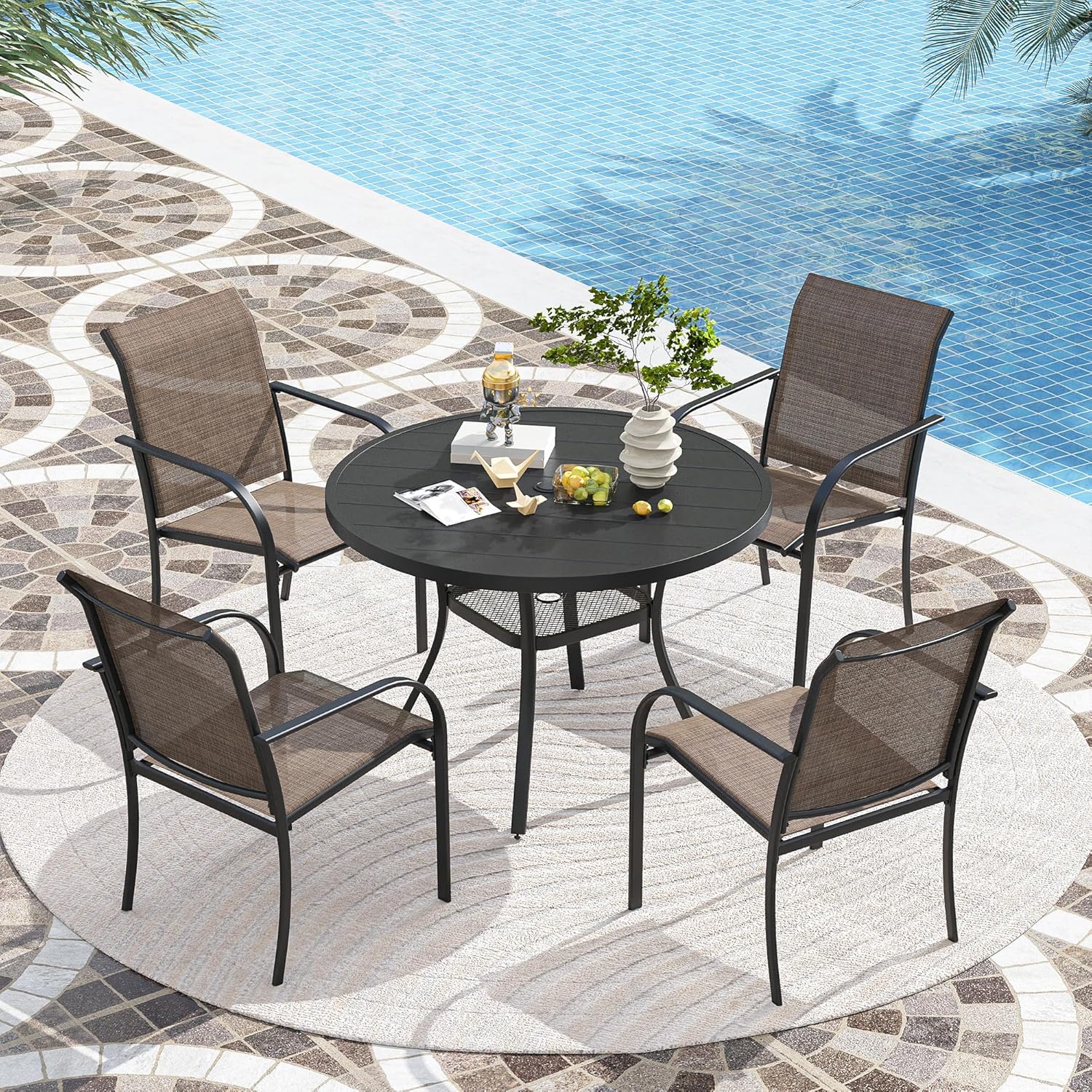 VICLLAX Patio Stackable Dining Chairs Set for 4, Outdoor Sling Chairs with Metal Frame for Front Porch Balcony Backyard Garden and Deck, Brown