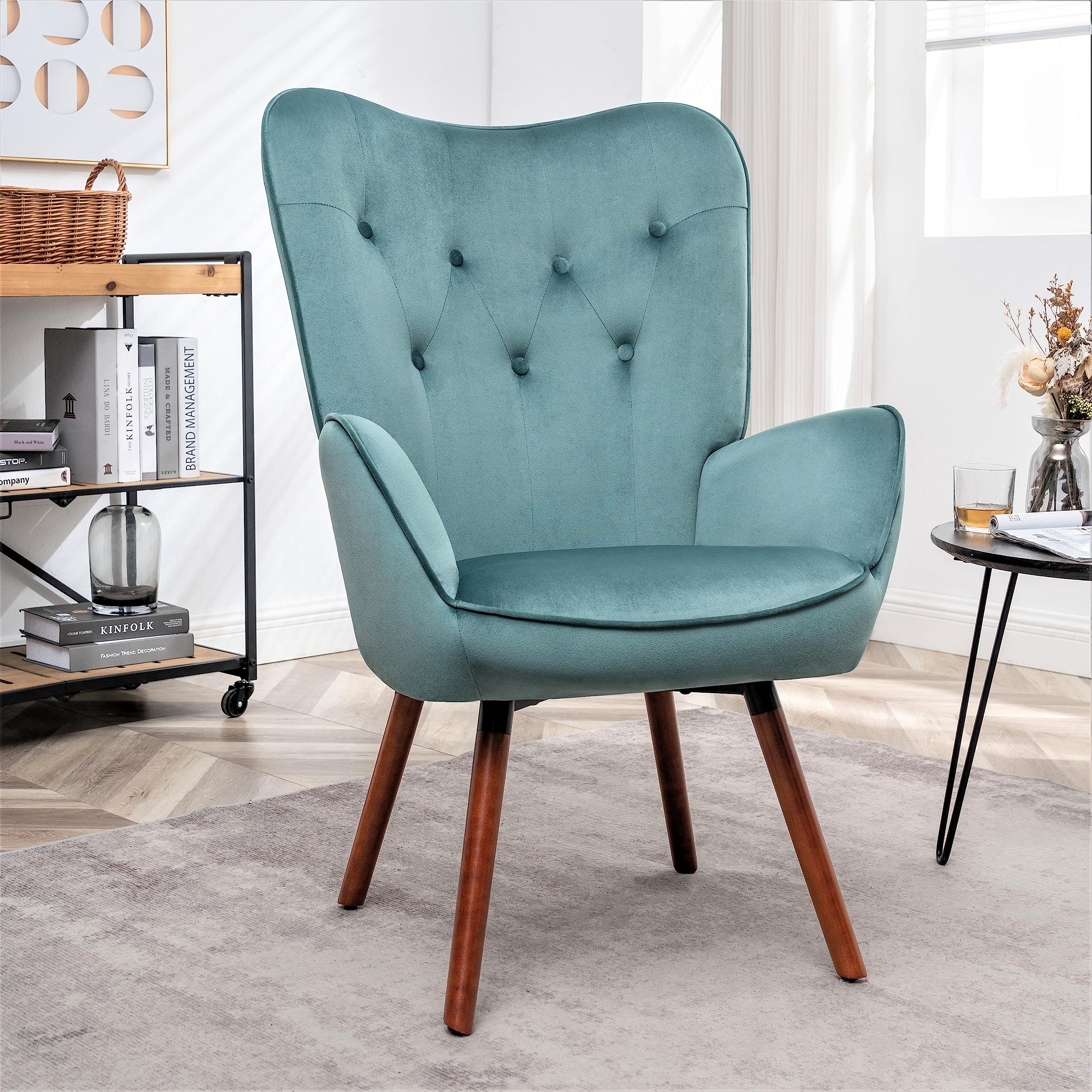 Container Furniture Direct Chic Accent Arm Chairs for Living Room, Bedroom, or Home Office, Button-Tufted Midcentury Armchair with Wingback Design and Splayed Legs, Teal