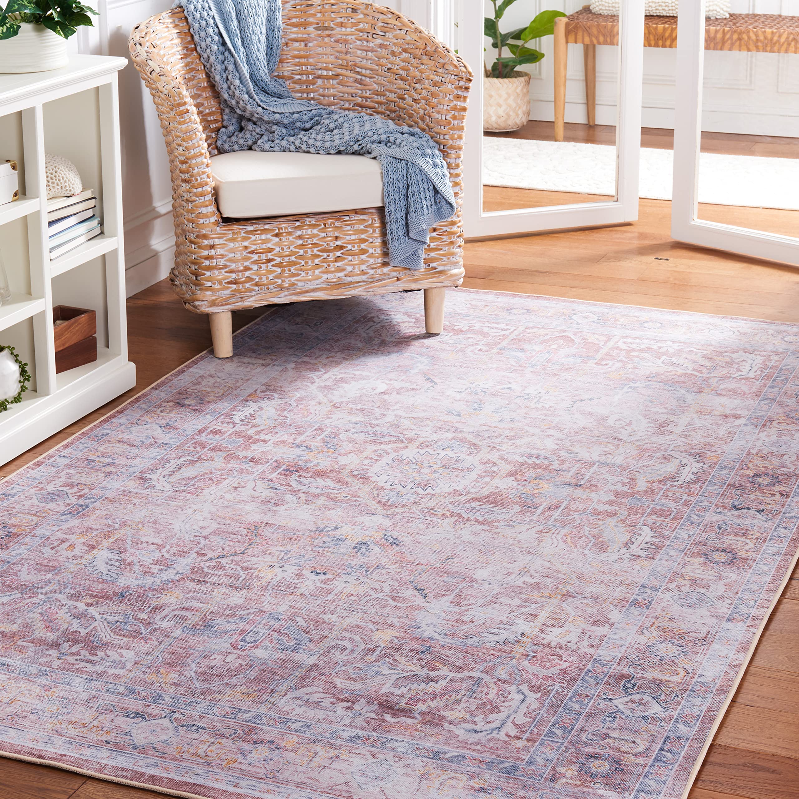 SAFAVIEH Washable Rug Tucson Collection - 5' x 8', Rust & Beige, Slip Resistant & Easy to Clean, Ideal for Living Room, Bedroom, Dining Space (TSN185P