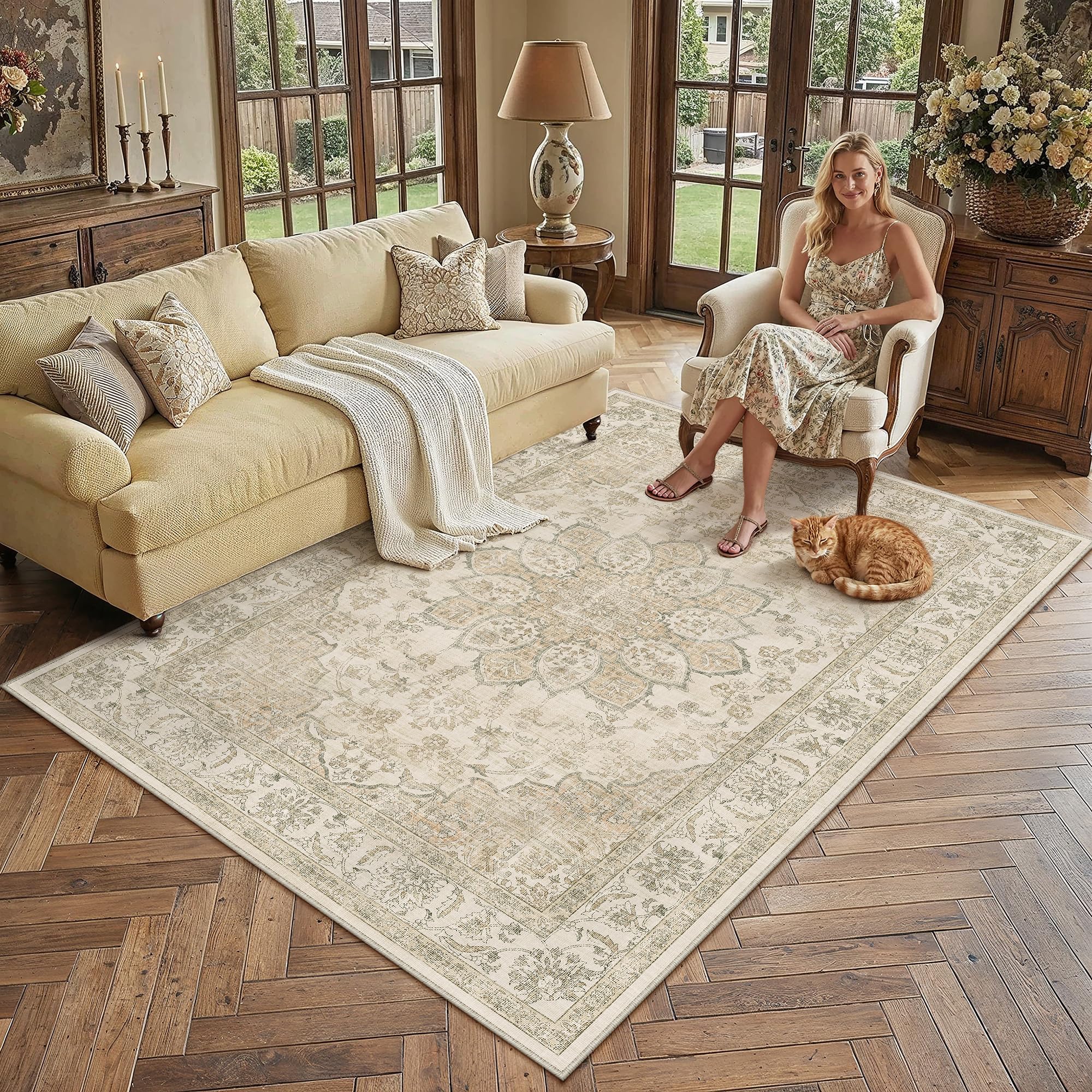PureCozy Beige Teppich Wohnzimmer 160x230cm Vintage Wohnzimmerteppich Waschbarer rutschfest Weich Groß Carpet Teppiche Schlafzimmer Esszimmer Büro Kurzflor Tepich Rug | Rutschfest, Vintage, groß, Teppich, Schlafzimmer, Bettfuß, Wohnzimmer, Esszimmer, Tepp