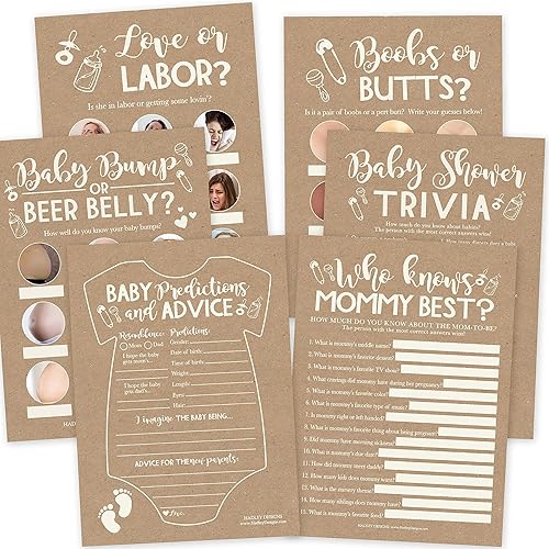 Divertidos juegos de baby shower – 75 tarjetas de doble cara para 25 a 75 invitados, 6 juegos, predicciones, quién sabe mamá, vientre de cerveza o