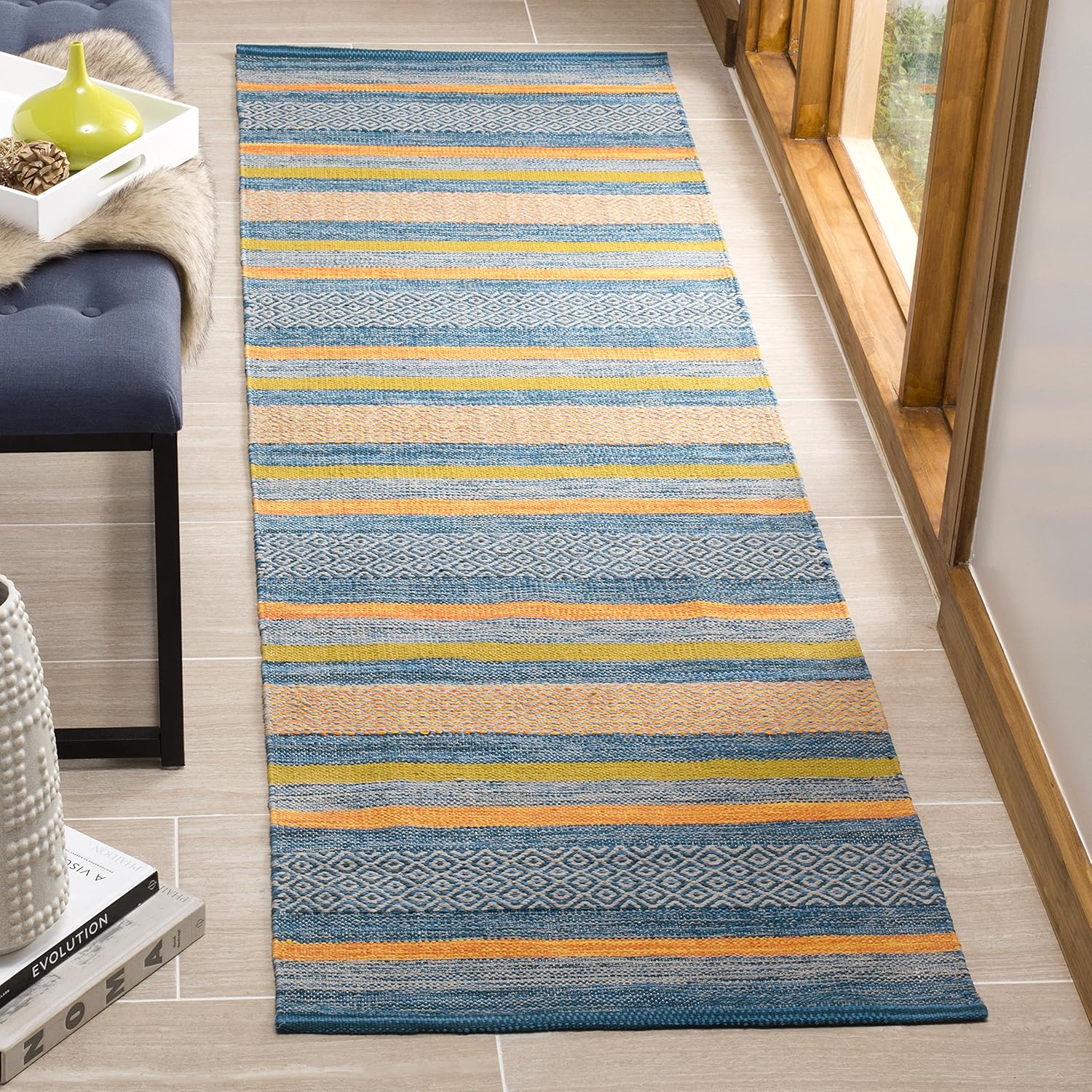 SAFAVIEH Montauk Collection Accent Rug - 3' x 5', Blue & Orange, Handmade Flat Weave Stripe Cotton, Ideal for High Traffic Areas in Entryway, Living Room, Bedroom (MTK213A)
