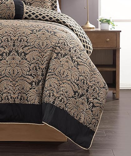 Miniatura 6 de Chezmoi Collection Juego de edredón tejido jacquard de medallón floral de diamante negrodorado de 7 piezas, tamaño California King