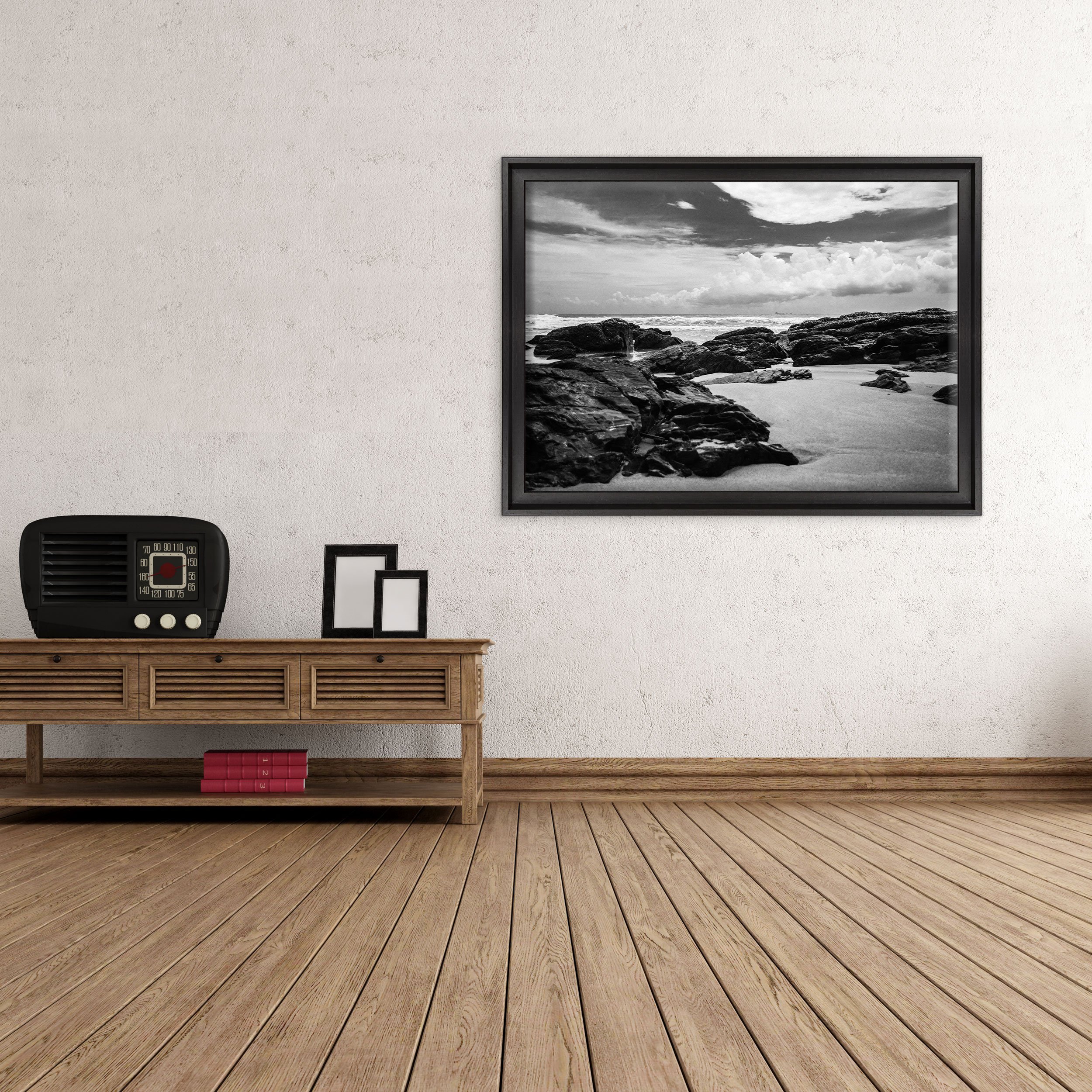 QUADRO SU TELA CANVAS INTELAIATO - CON CORNICE - Oceano Bianco e Nero - Paesaggio Natura Panorama - 70x100cm - Stile Contemporaneo Nero - (cod.4381)