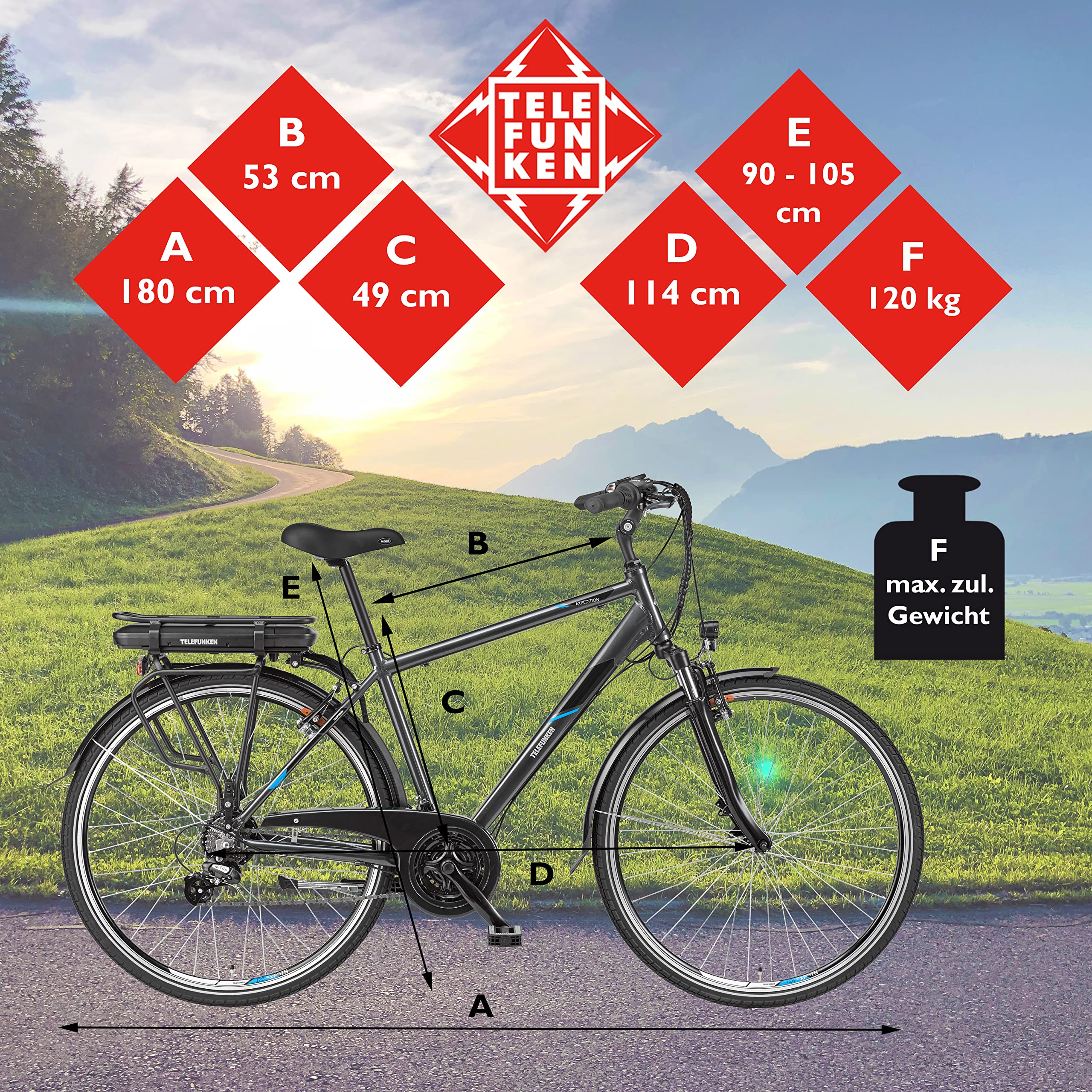 TELEFUNKEN E-Bike Herren Elektrofahrrad Alu 28 Zoll mit 21-Gang Shimano Kettenschaltung, Pedelec Trekkingrad mit Fahrradschloss und Hinterrad-Motor 250W 10,4Ah, 36V Akku, XT481 Expedition