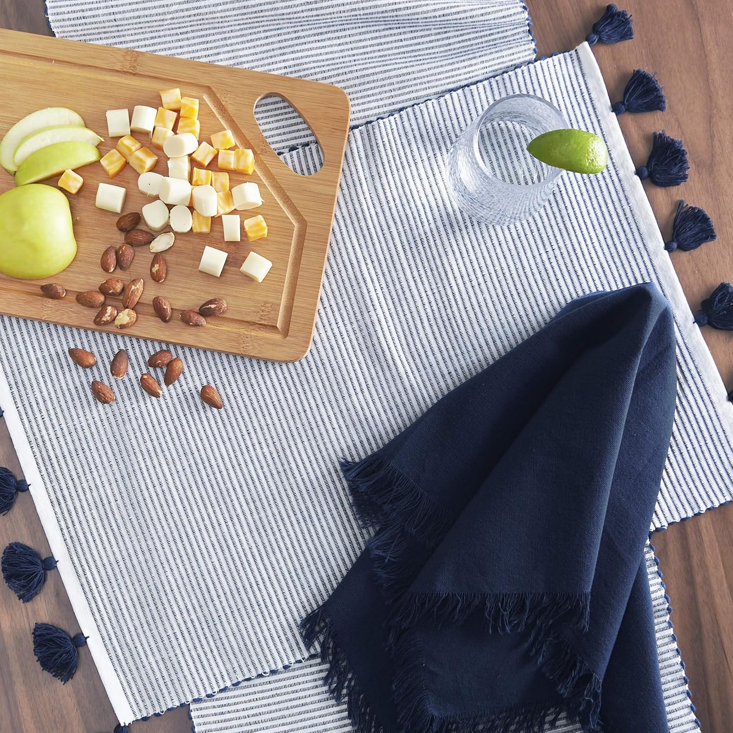 carol & frank Brett Indigo Striped 100% Cotton Chambray Set of 4 Tassel Placemats 14" x 20" Versatile Summer Spring Farmhouse 4th of July Patriotic Home Kitchen Dining Dinner Tabletop Decor Decoration