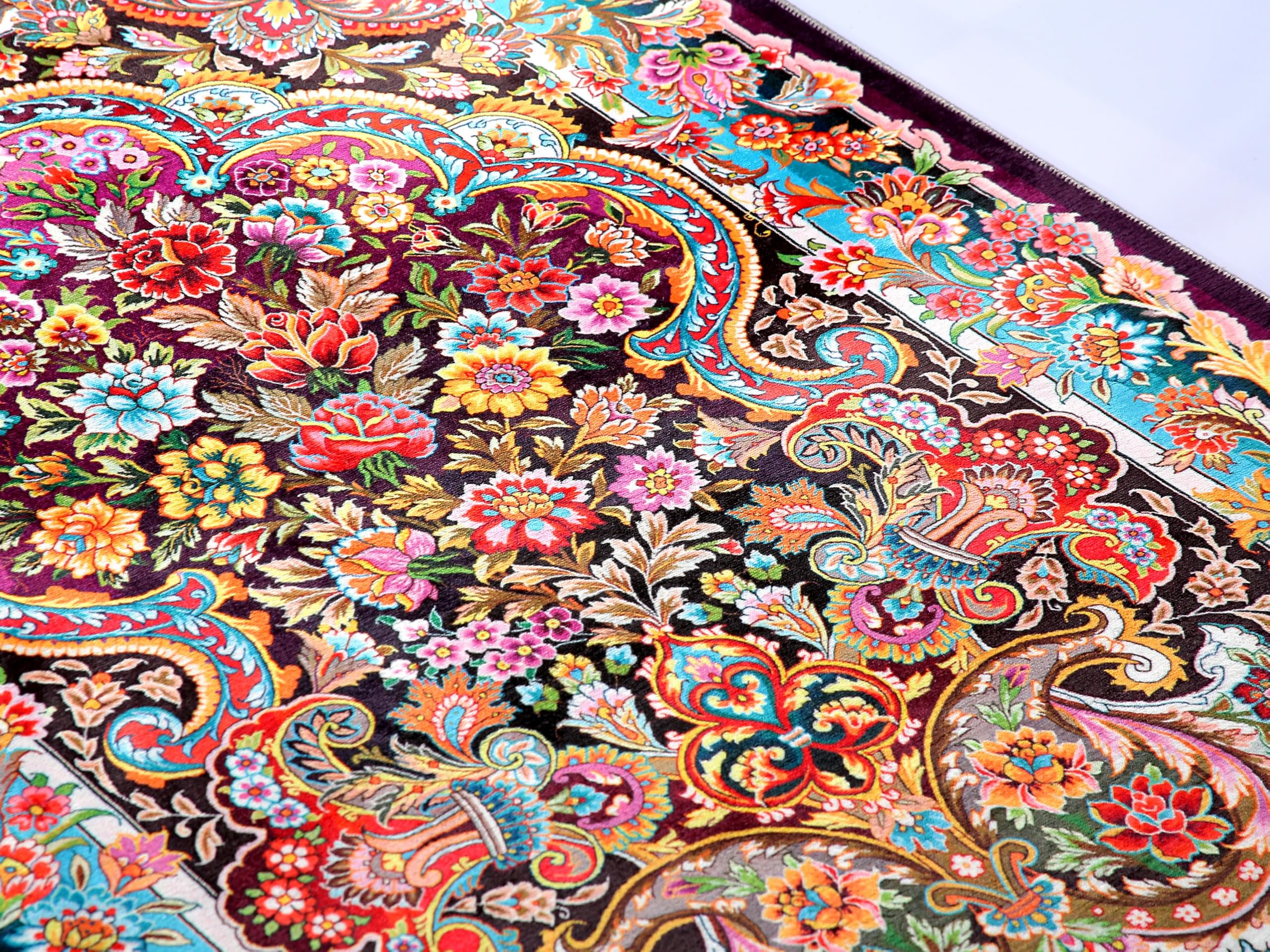 ALLMODE Tapis de prière turc - Motif floral - Motif traditionnel turc - Pompons gris - Multicolore