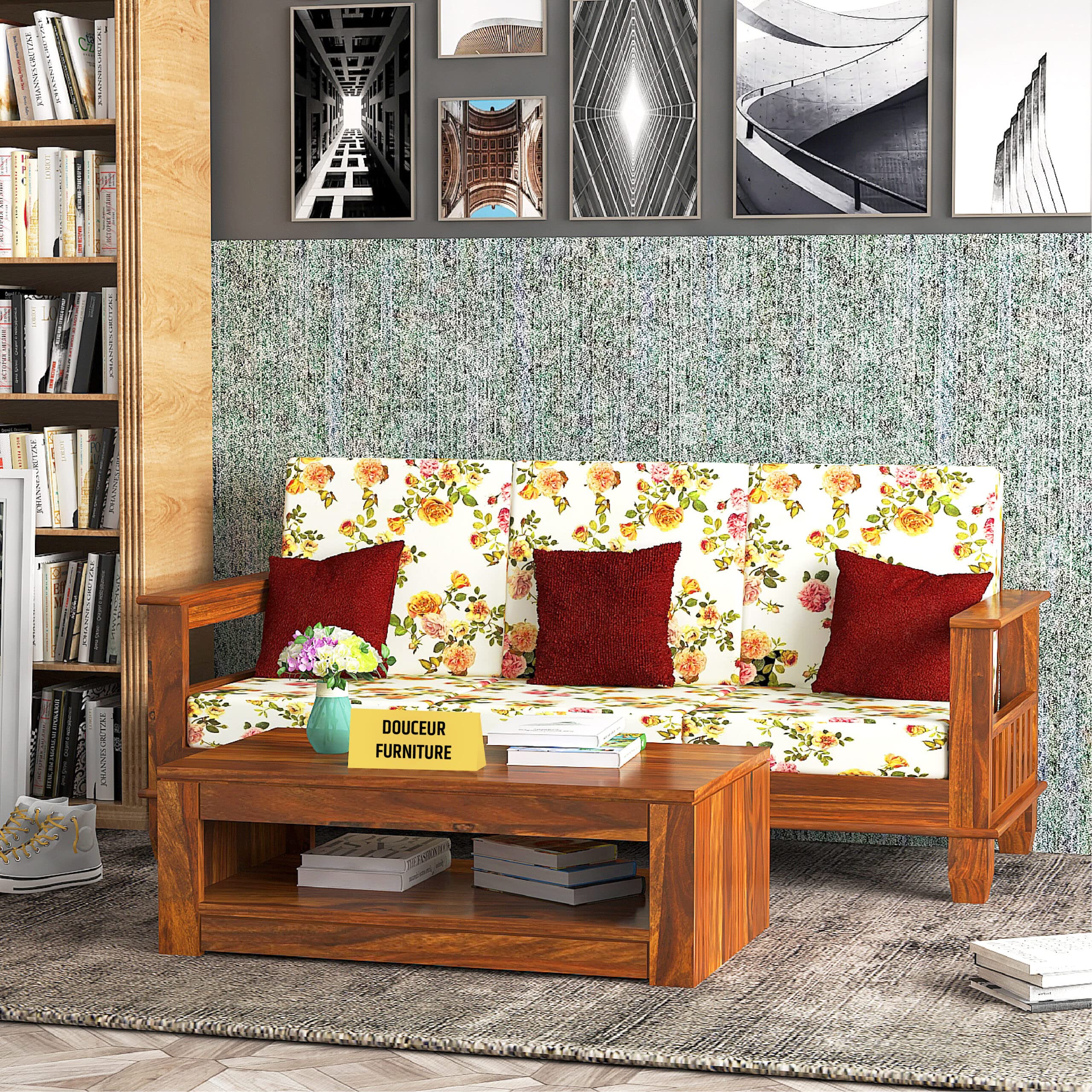 Solid Sheesham Wood Three 3 Seater Sofa Set for Living Room, Guest Room, Waiting Room,Office, Hotels,Cafe |Finish-Honey Teak | Cushion:-Floral Printed-image-39