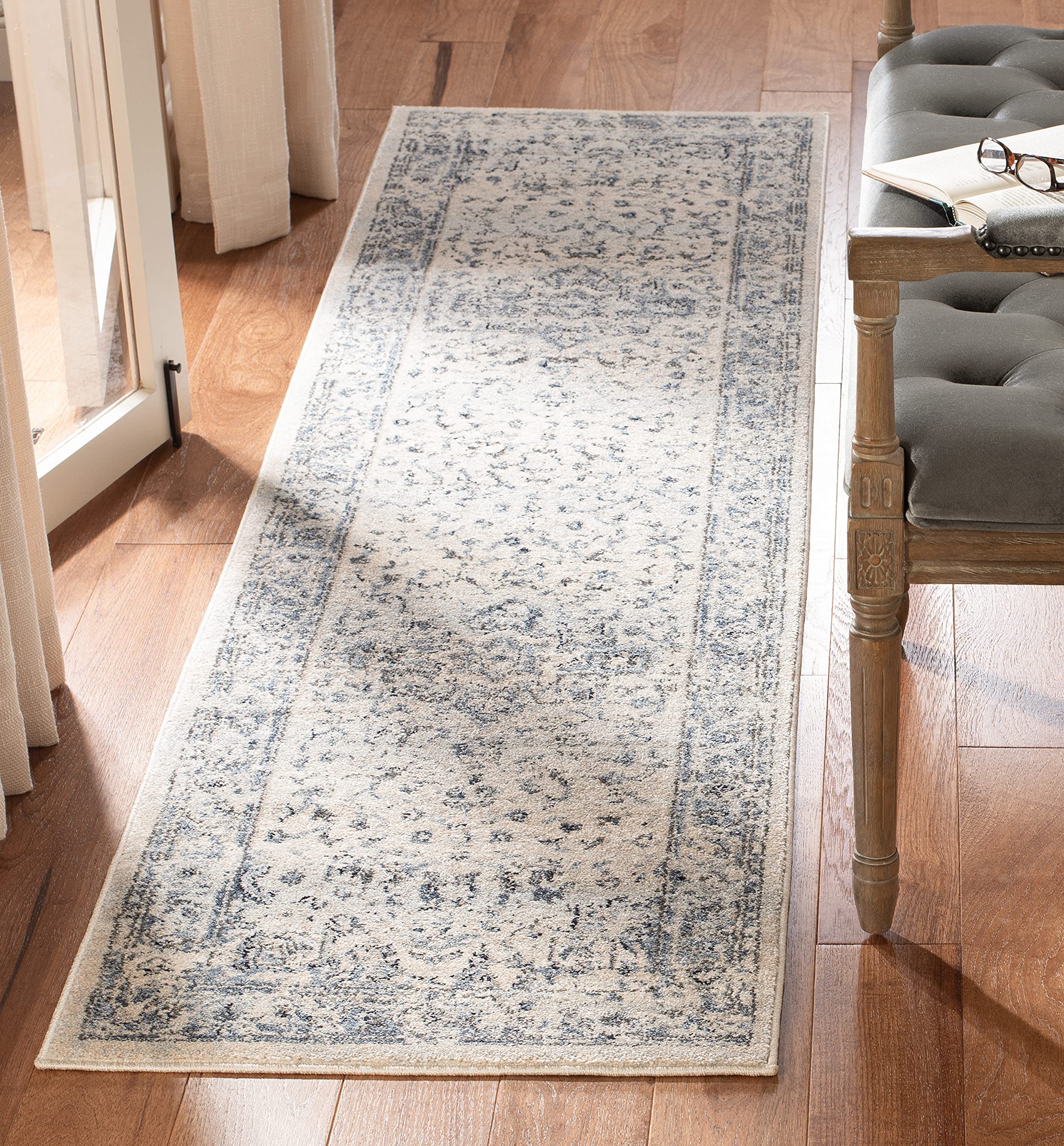 SAFAVIEH Charleston Collection Runner Rug - 2' x 14' Runner, Ivory & Navy, Oriental Distressed Design, Ideal for High Traffic Areas in Living Room, Bedroom, Dining (CHL411A-214)