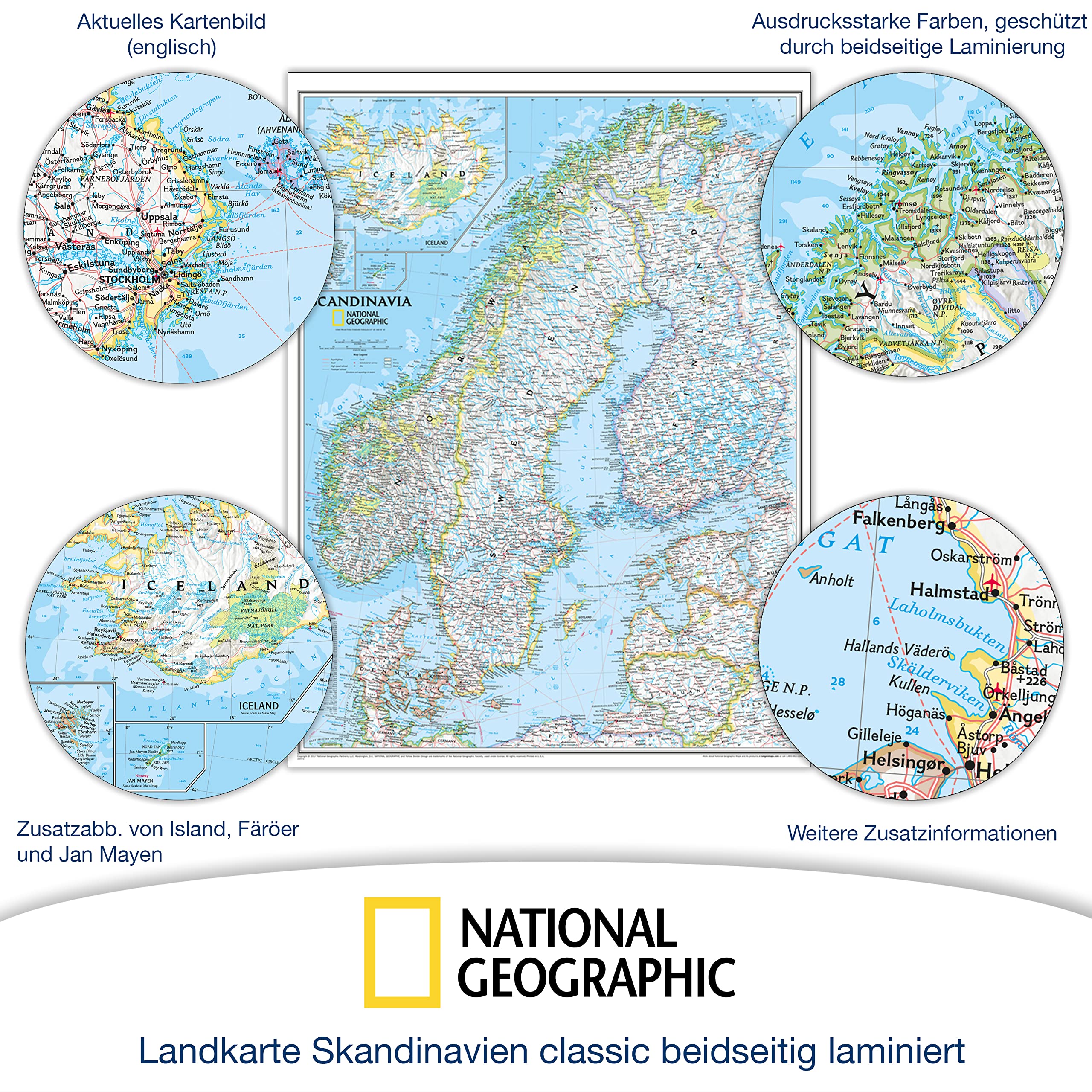 ORBIT Globes & Maps - Skandinavien Landkarte, Kartenbild von National Geographic - Landkarte classic beidseitig laminiert, Aktuell 2026, 58 x 76 cm, englisch