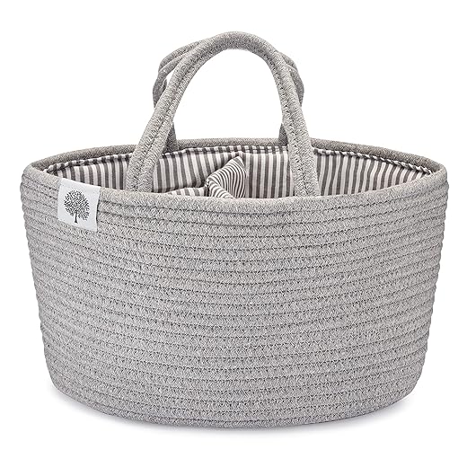 Parker Baby Rope Diaper Caddy Organizer - Nursery Storage Bin and Car Organizer for Diapers and Baby Wipes - Diaper Organizer for Baby Essentials - Gray