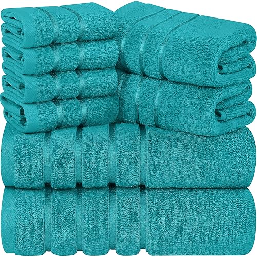 Utopia Towels 8 Piece Luxury Towel Set, 2 Bath, 2 Hand, and 4 Wash Cloths, 600 GSM Ring Spun Cotton, Highly Absorbent Viscose Stripe Towels, Ideal for Everyday use, Turquoise