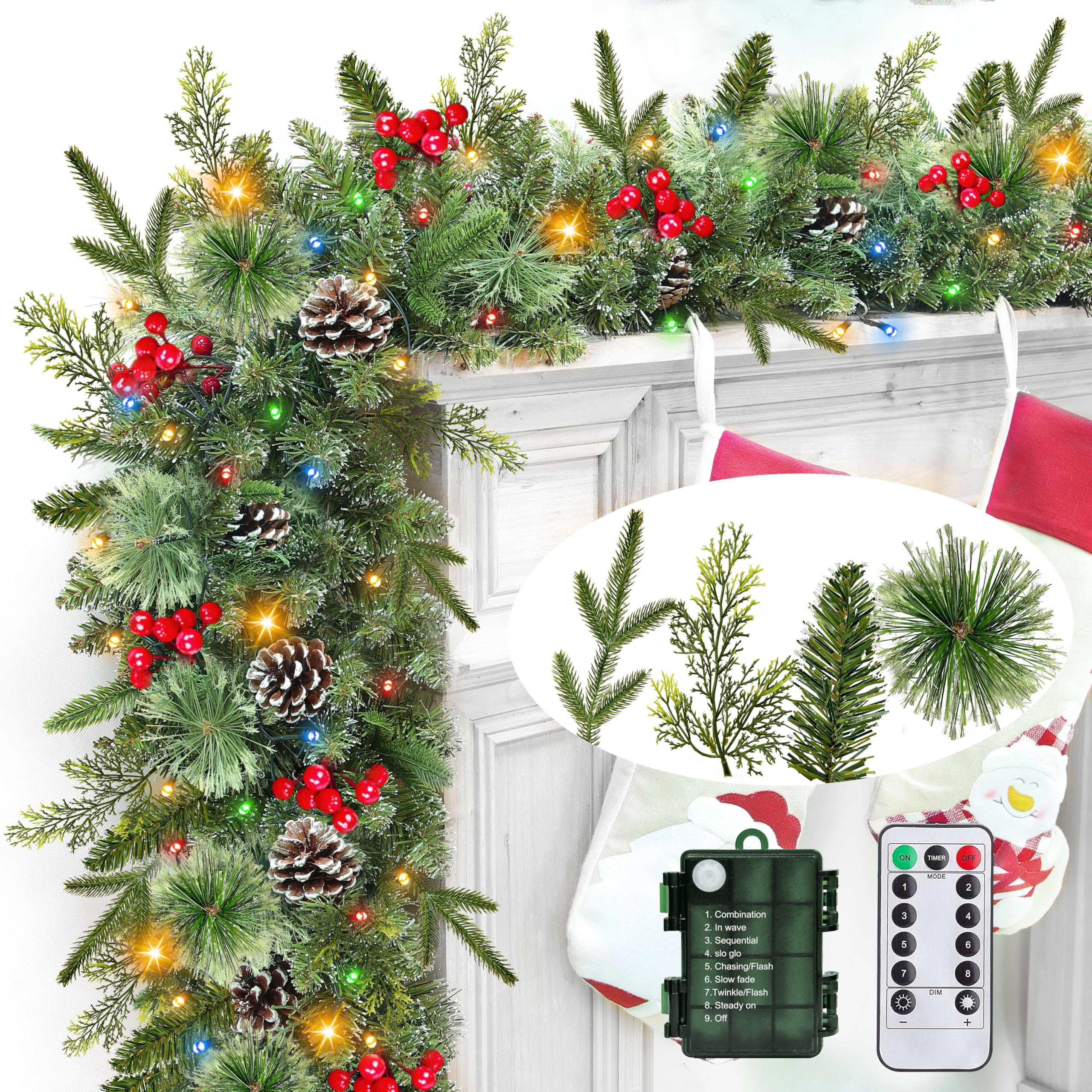 Norfolk - Guirnalda de pino artificial con 50 luces coloridas, temporizador de 8 modos, 4 ramas mixtas realistas para mantel, escalera, mesa, puerta