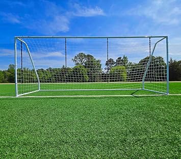 Premier 18 X 7 Ft. Official Regulation Soccer Goal. 2 Diameter Powder Coated Steel Frame w/Durable 4mm Net, Ground Stakes, Elastic Clasps & Re-Usable Ties.