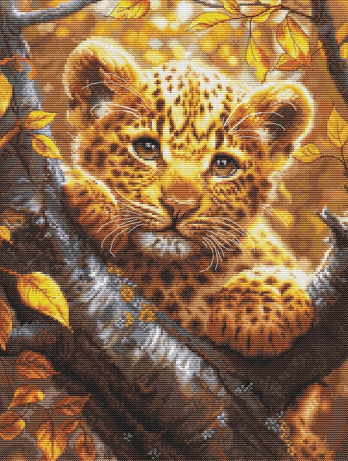 Luca-S Cross Stitch Kit Gold - Leopard Cub at Sunrise, BU5068, Counted Cross Stitch Kit for Adults, Needlecraft and Embroidery Kit