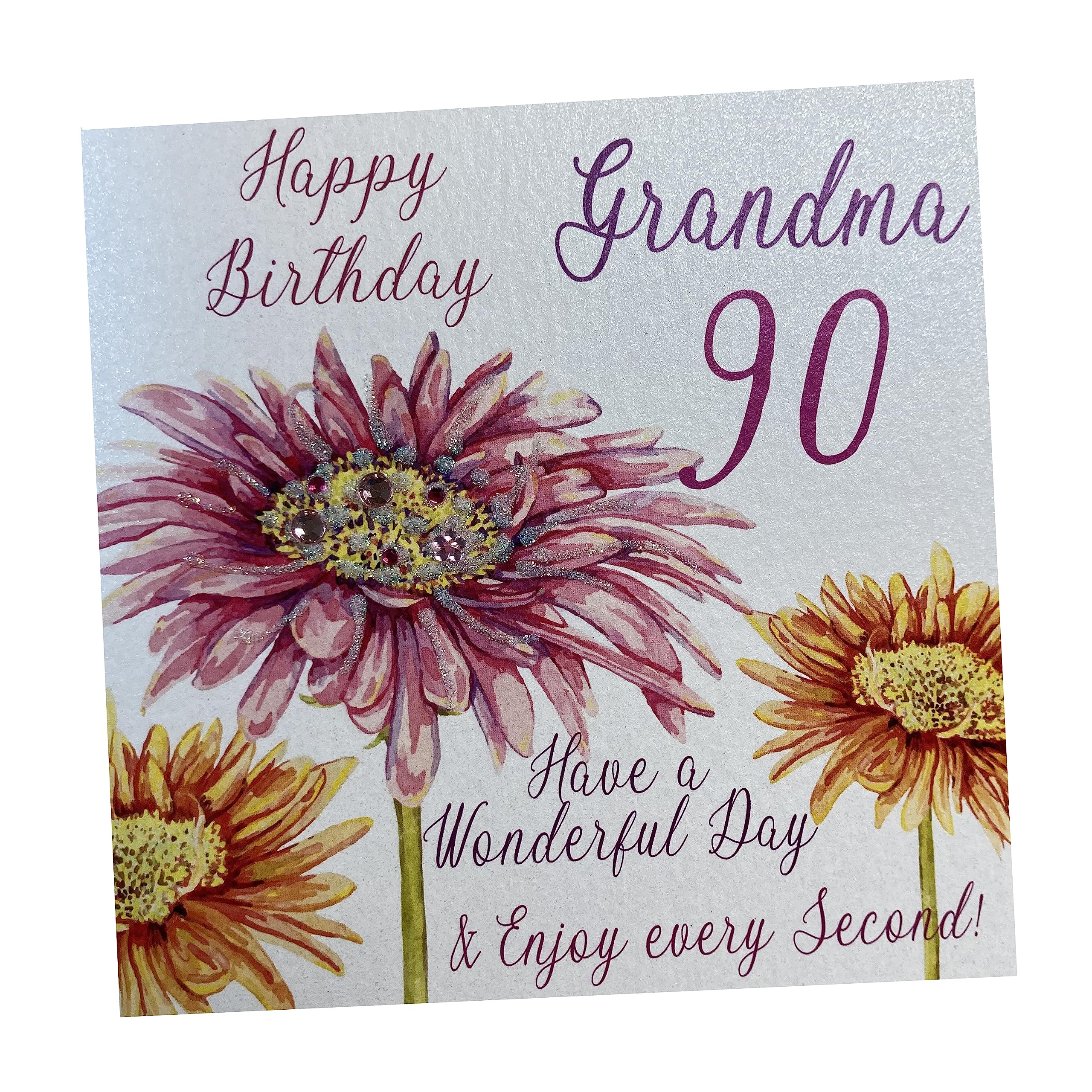 WHITE COTTON CARDS "Pink Gerbera, Happy Birthday 90 Grandma Have a Wonderful Day Handmade 90th Birthday Card, White, WBA90-GMA