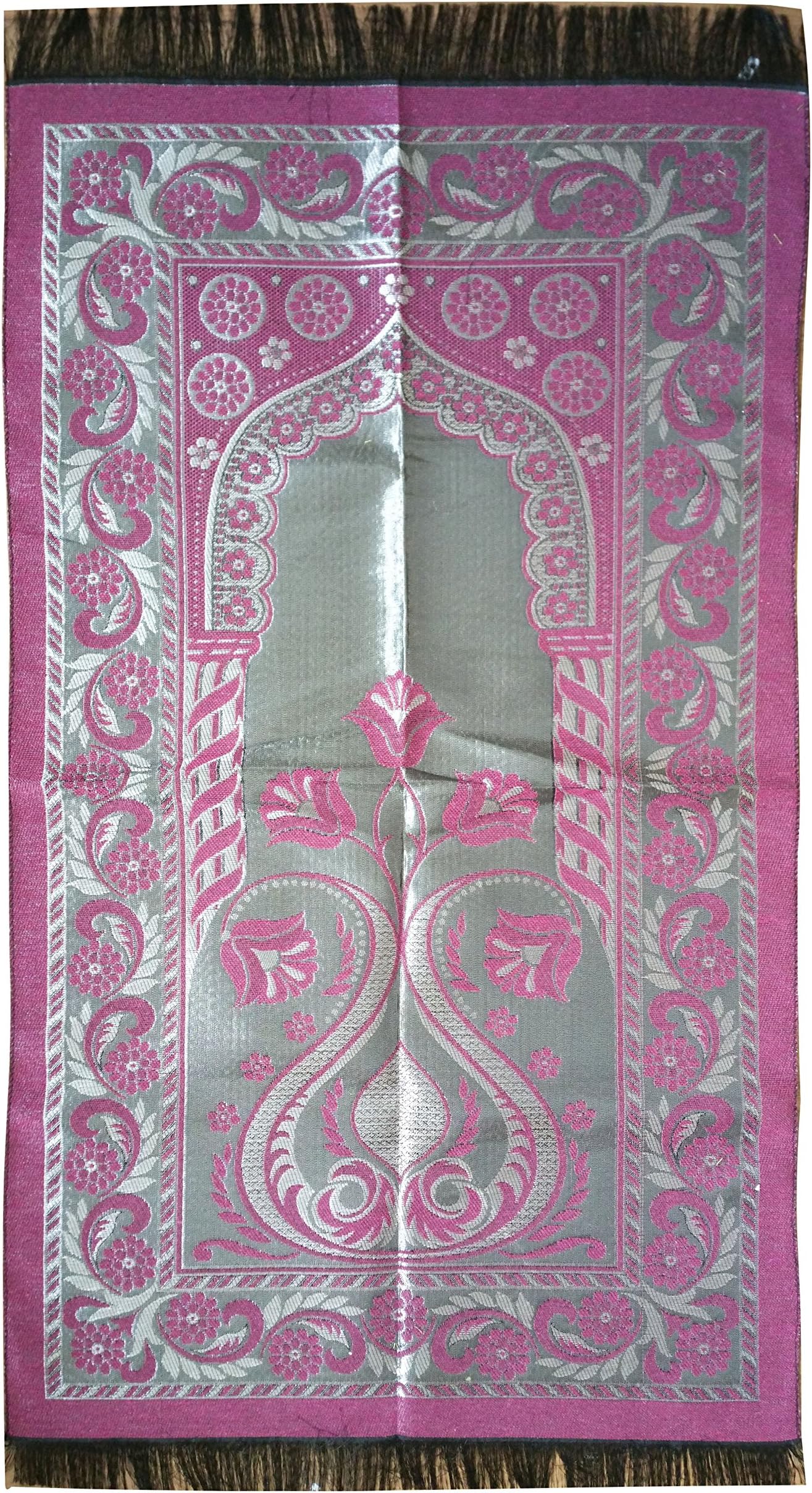 AYDIN Dark Pink Extra Thin Chrome Flowers Pointed Arch Way Salat Rug - Perfect for Travel 26 x 45 Inches