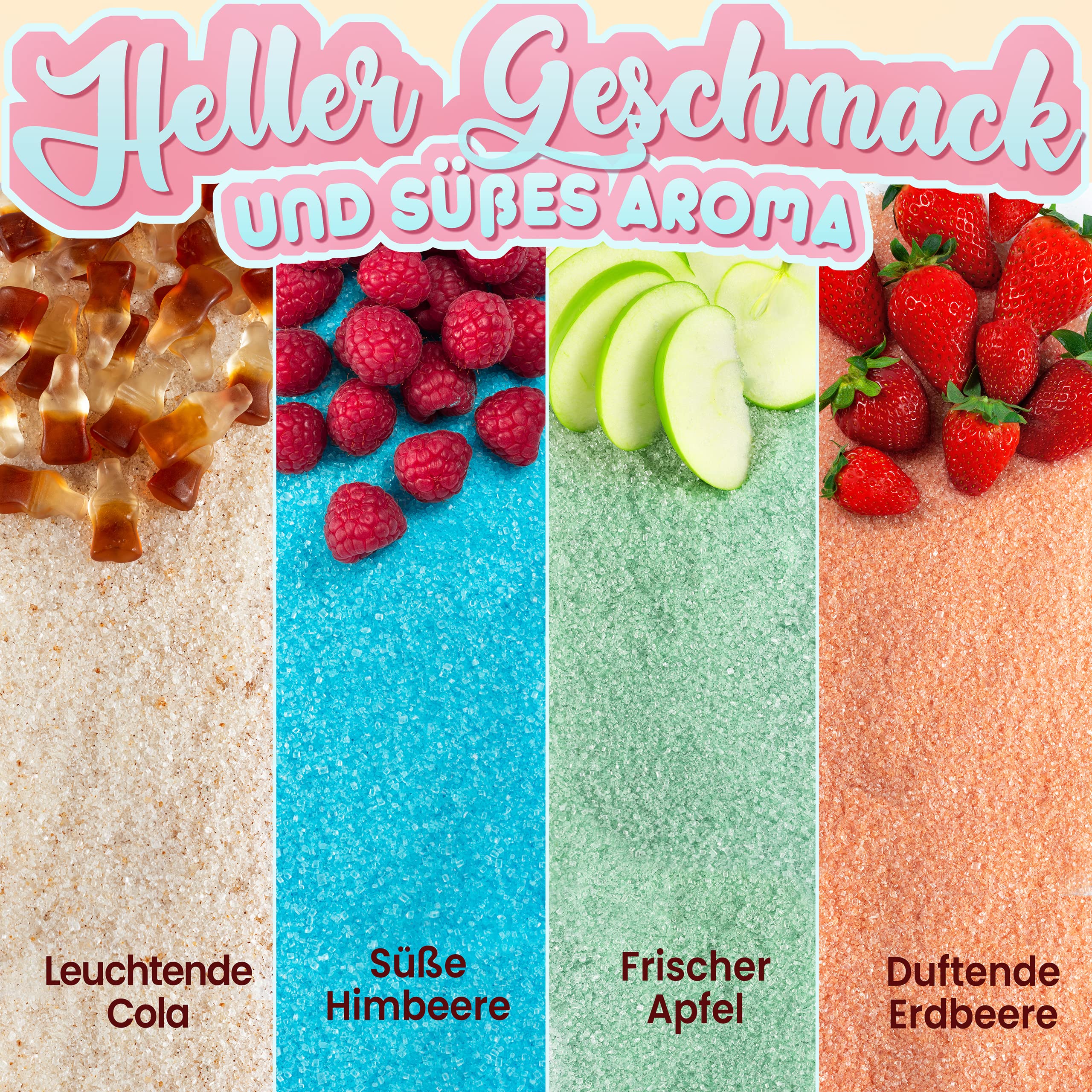 GREENDOSO® Zuckerwatte Zucker für Zuckerwattemaschine (4x320 g) - 4 Sorten (Erdbeere/Cola/Himbeere/Apfel) + 50 Stäbchen