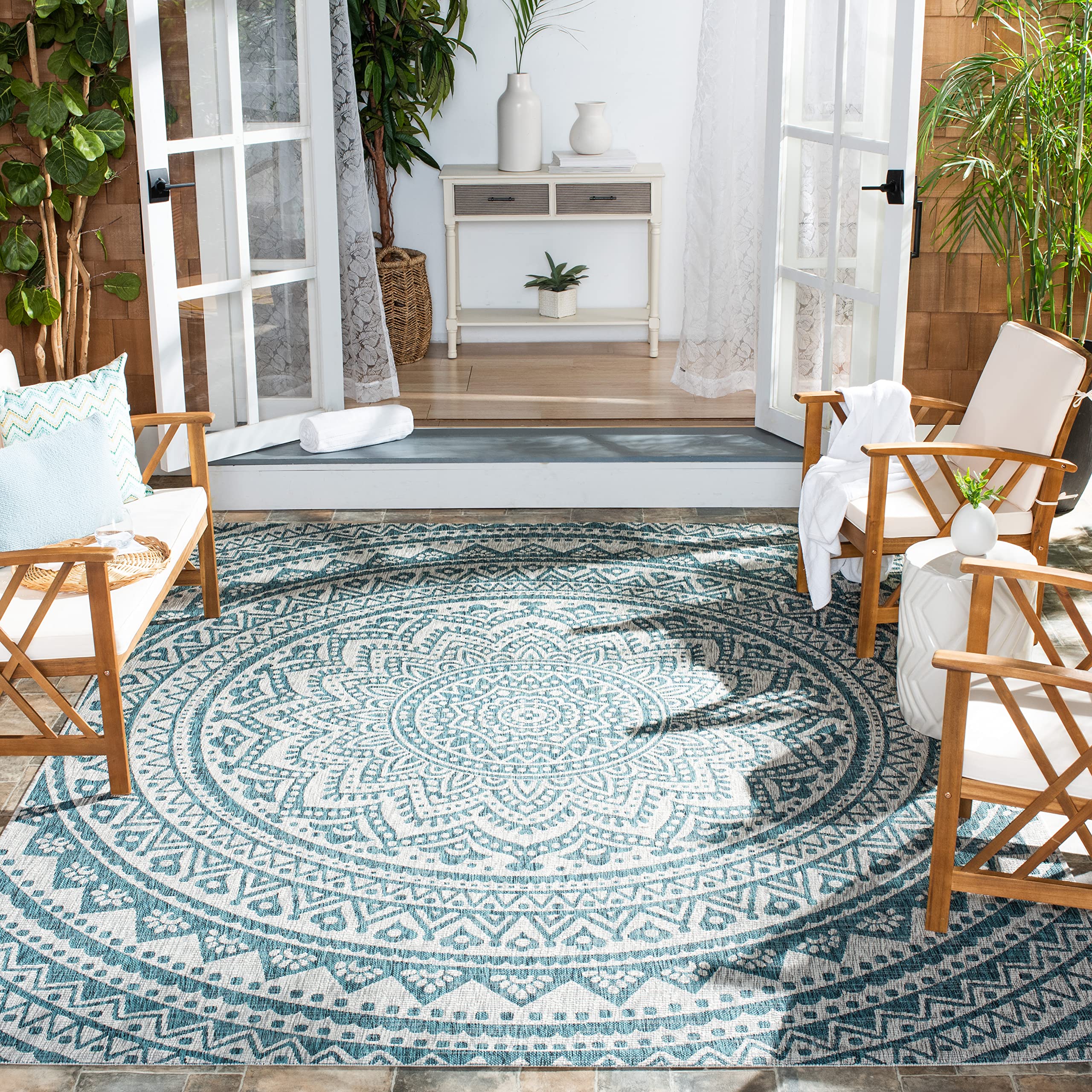 SAFAVIEH Courtyard Collection 8' x 10' Grey / Teal CY8734 Indoor-Outdoor Waterproof Easy-Cleaning Patio Backyard Mudroom Area-Rug
