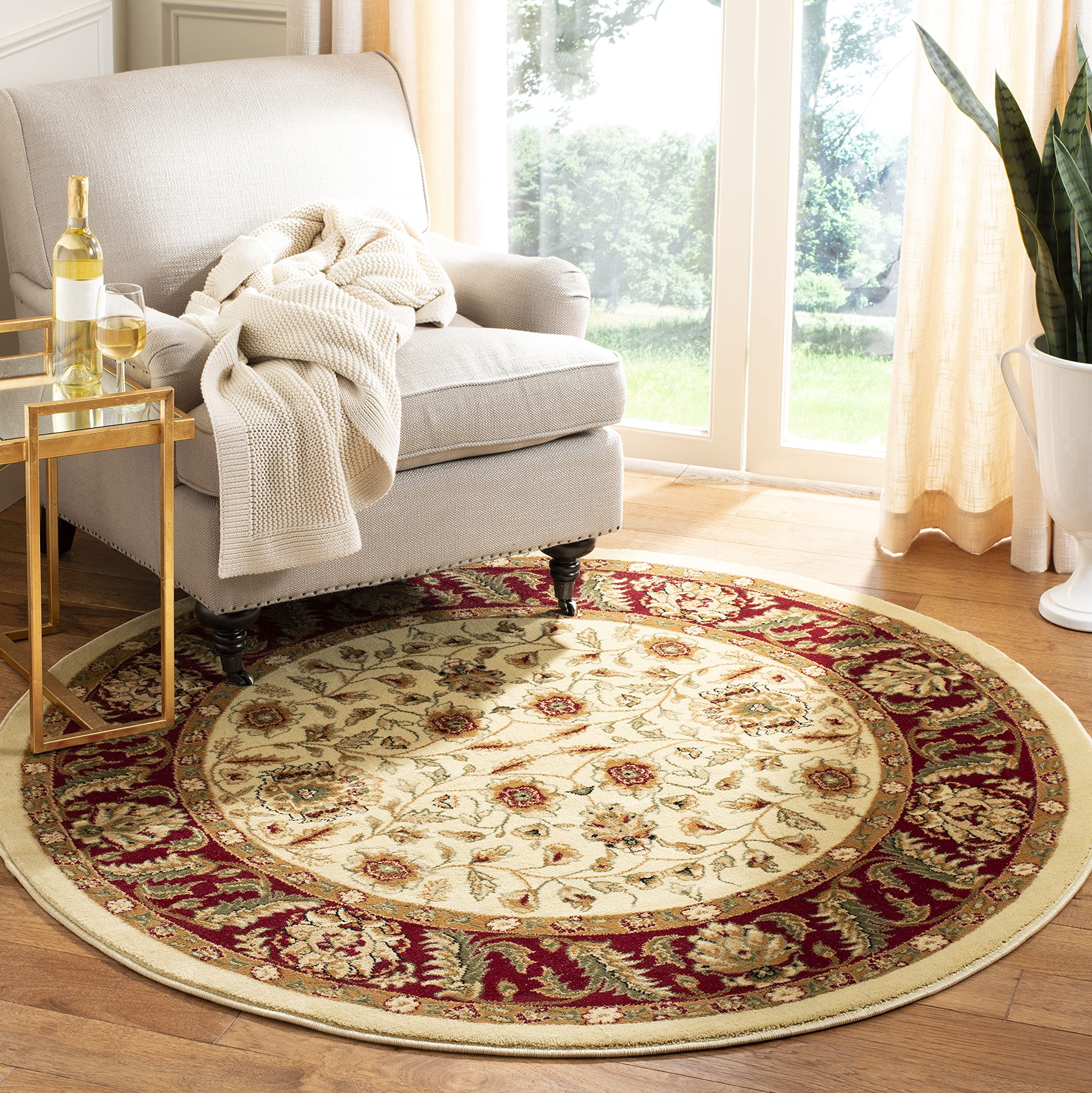 SafaviehLyndhurst Collection 8' Round Ivory/Red LNH215A Traditional Oriental Non-Shedding Dining Room Entryway Foyer Living Room Bedroom Area Rug