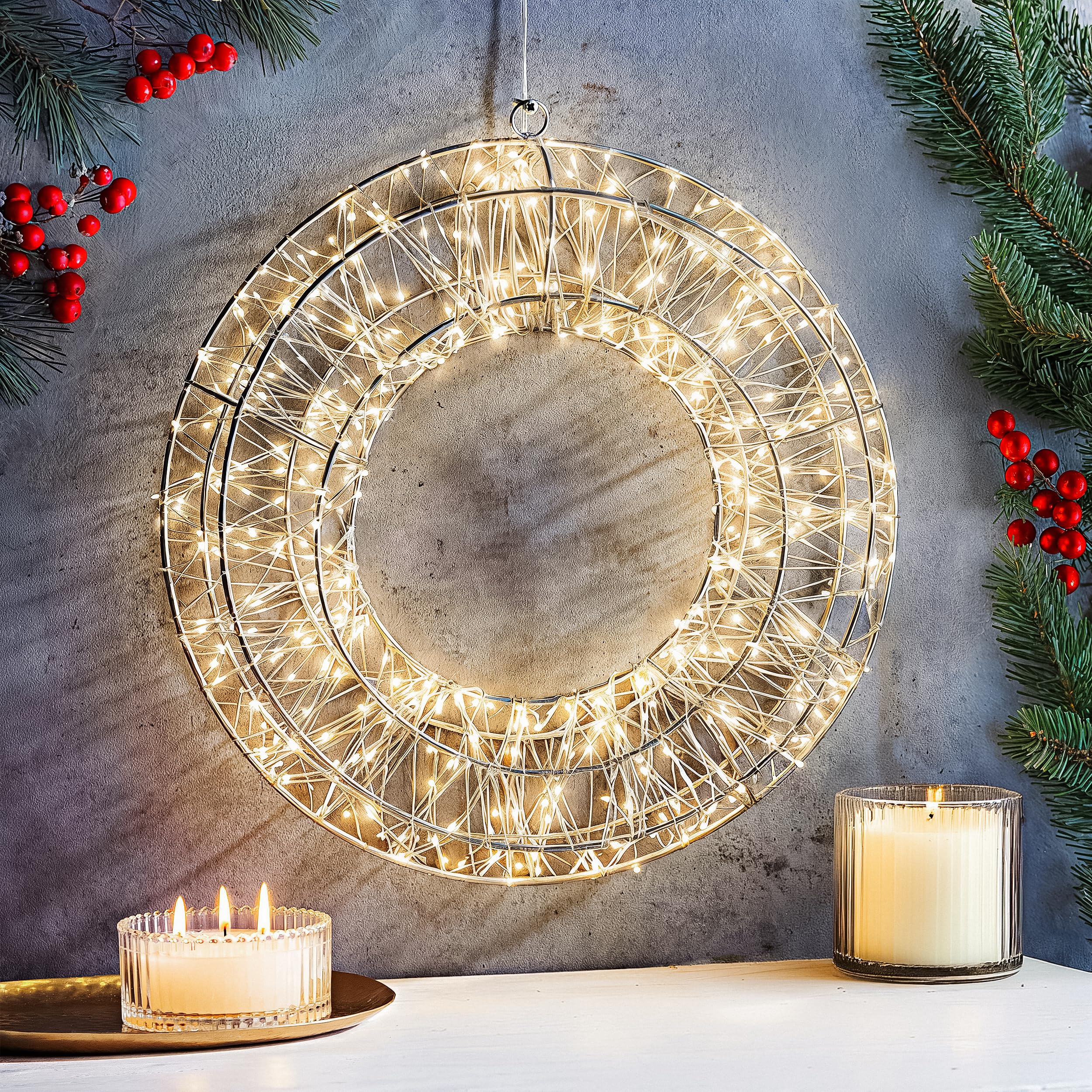 LED Lichterkranz Adventskranz Metall Weiß Ø 50 cm, 960 LEDs warmweiß mit Timer, wettergeschützt – moderner Weihnachtskranz & Weihnachtsdeko zum Aufhängen an Tür, Fenster, Wand