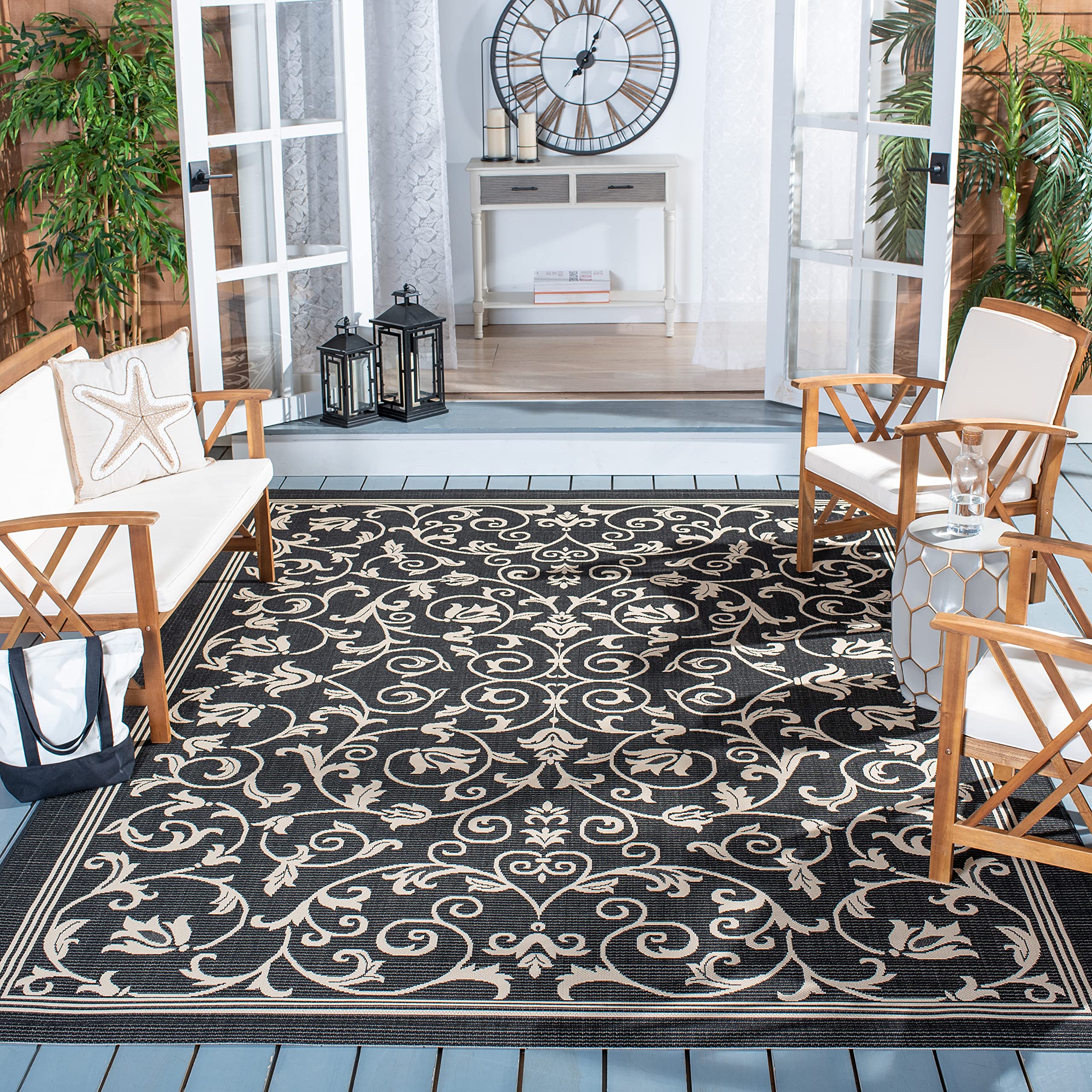 SAFAVIEH Washable Rug Outdoor Courtyard Collection - 8' x 10', Black & Sand, Non-Shedding & Easy Cleaning, Ideal for Patio, Backyard, Mudroom, DIning Space (CY2098-3908)