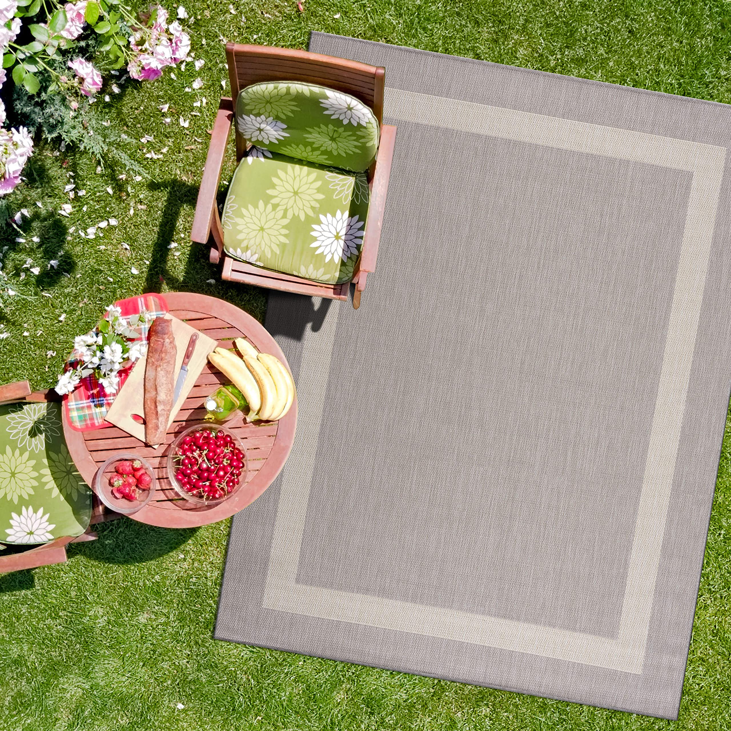CAMILSON Outdoor Rug - Modern Area Rugs for Indoor and Outdoor patios, Kitchen and Hallway mats - Washable Outside Carpet (9x12, Bordered - Grey/White)
