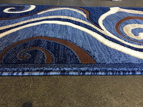 Miniatura 7 de Americana Alfombra moderna de pasillo largo con diseño de remolino azul y marrón, 144 (32 pulgadas x 10 pies)