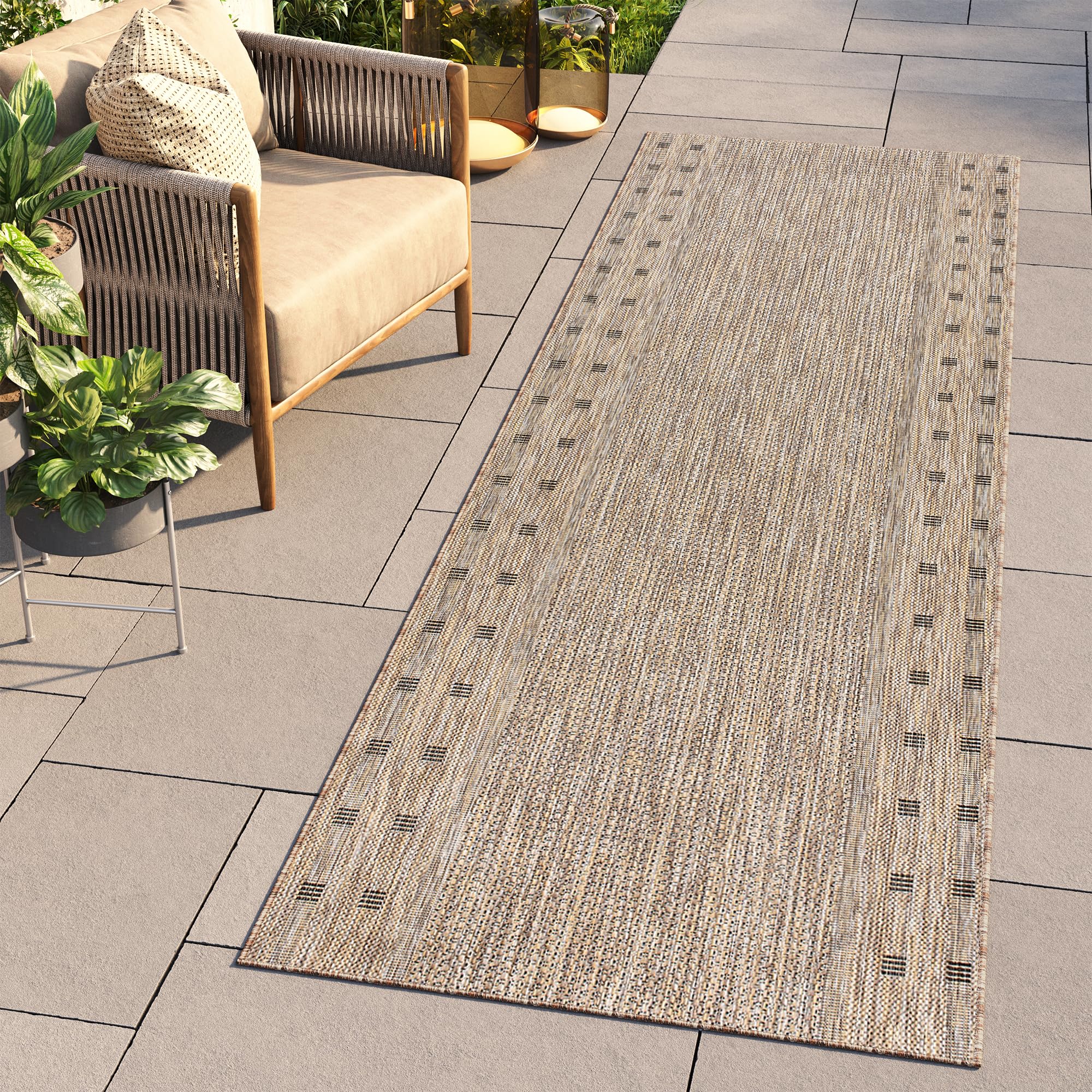 TAPISO Melissa Teppich Läufer Flur Outdoor Indoor Braun Schwarz Modern Design Wetterfest UV-beständig Wohnzimmer Balkon Terrasse ÖKO-TEX 100 x 400 cm