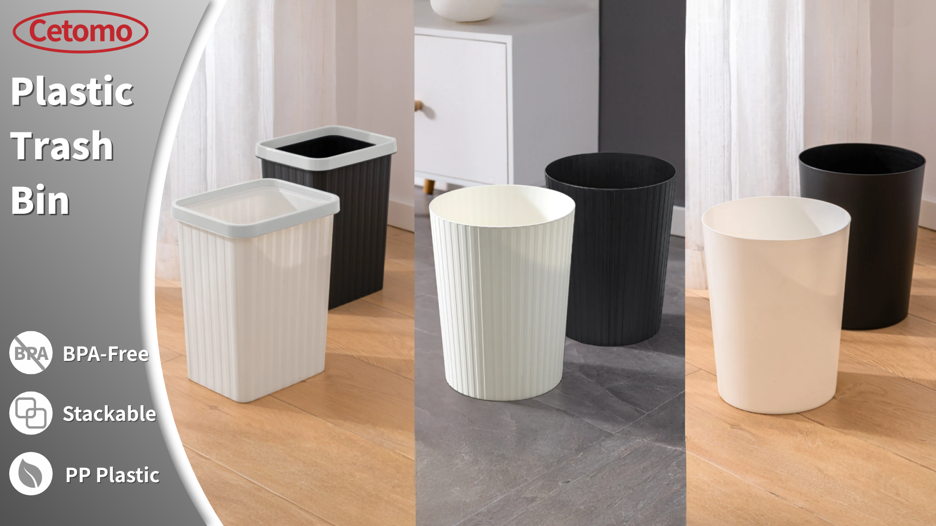 Cetomo 8.2L*3 Papelera De Basura De Plástico, Bote De Basura, Papeleras Pequeñas, Papelera Para Dormitorio, Canasto De Basura Cuadrado Con Raya Sólida, Empilables, Mate, PP, Negro, 8.2L-3 Unidades