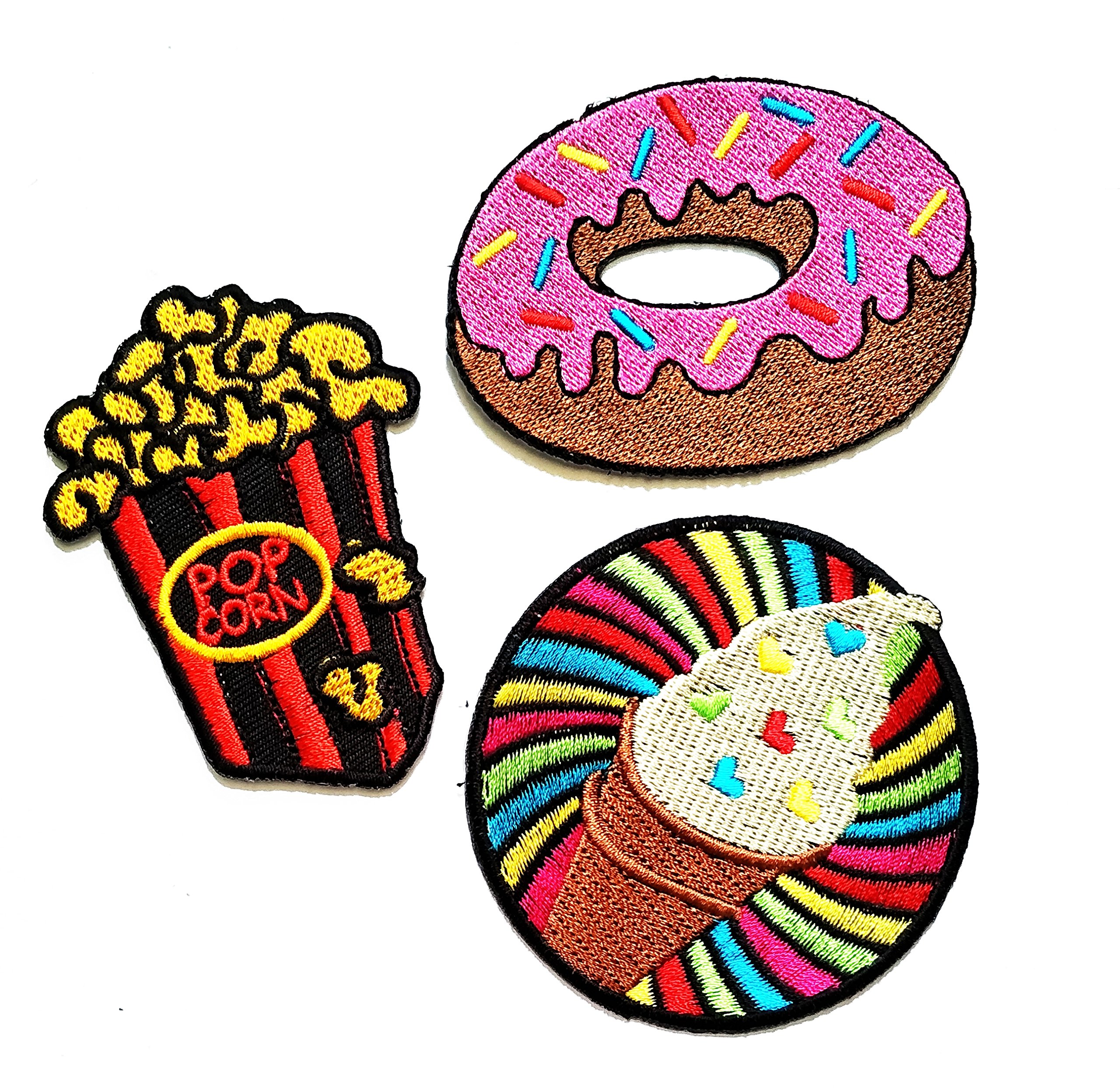 Nipitshop Patches Set of 3 Popcorn Movie Snack Patch ice Cream Patch Strawberry Doughnut Cartoon Patch for Clothes Backpacks T-Shirt Jeans Skirt Vests Scarf Hat Bag Iron On Appliques Embroidered